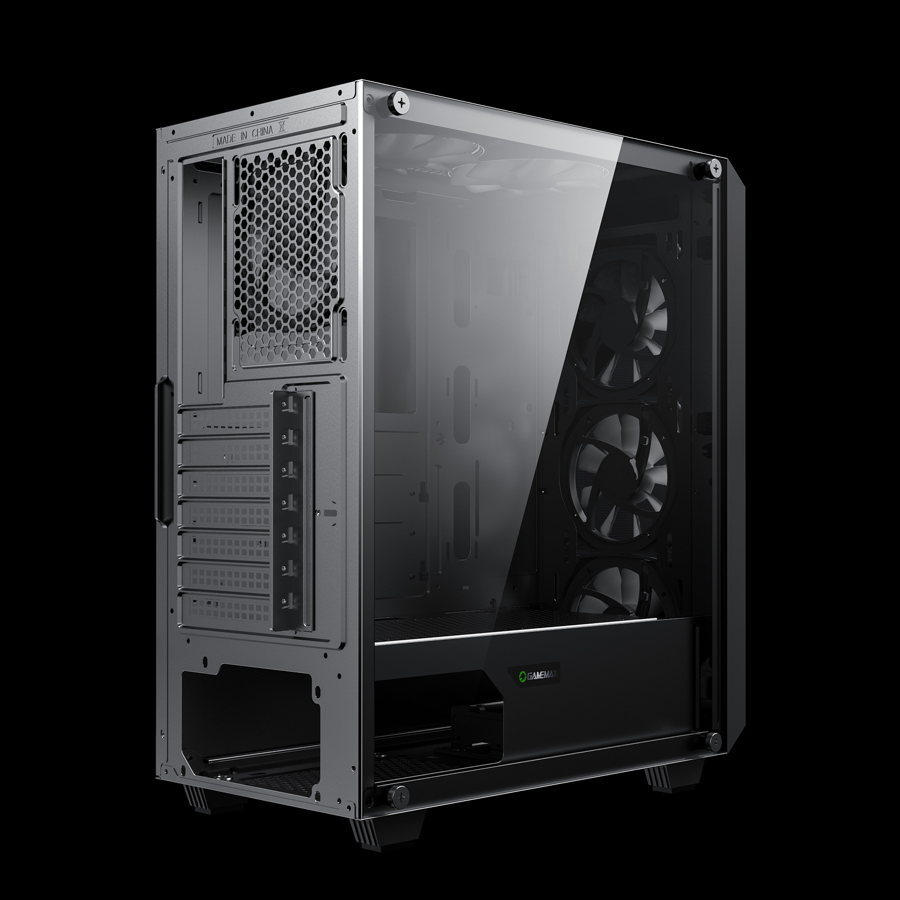 Ein schwarzes PC-Gehäuse mit Glasseitenteil, das drei Lüfter zeigt. Die Rückseite ist aus grauem Metall mit Lüftungsschlitzen.