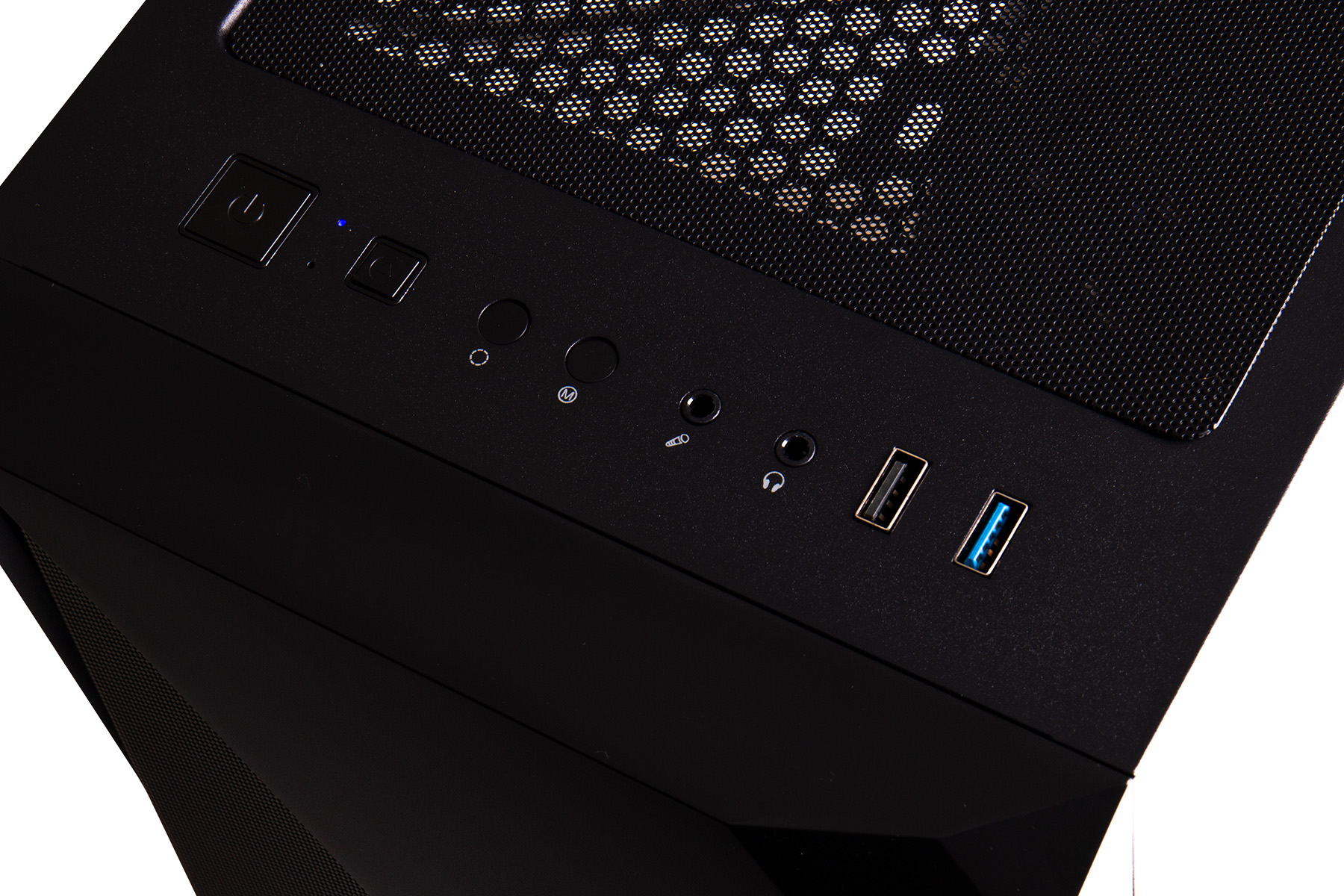 Ein schwarzes Computergehäuse mit Anschlüssen und Lüftungsgitter.