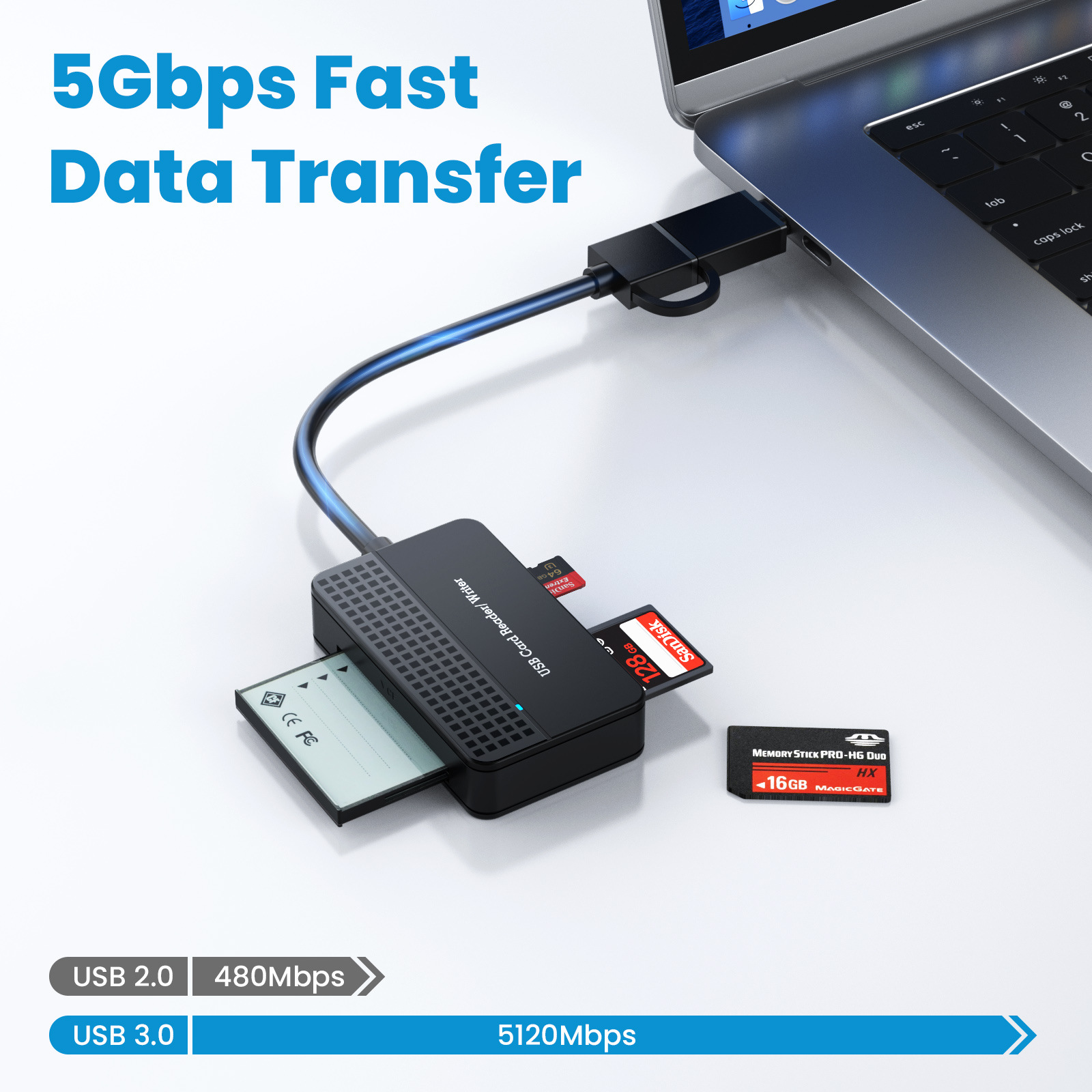 Kartenleser mit SD- und Memory-Stick-Karten, verbunden mit einem Laptop.
