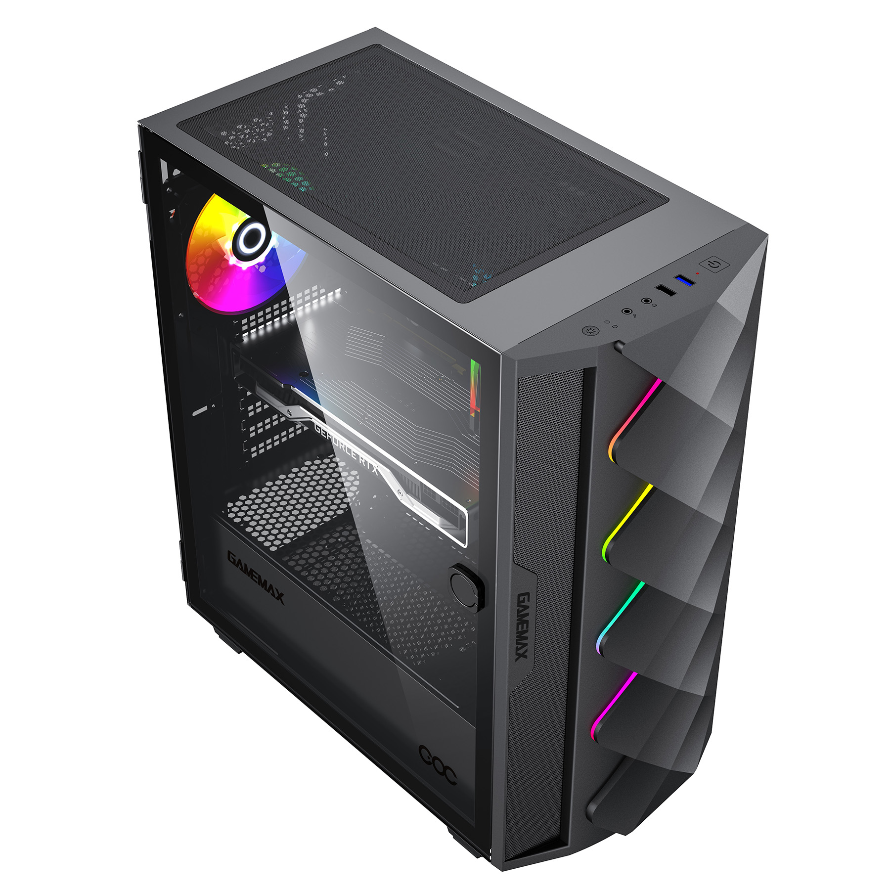 Ein schwarzes Gaming-PC-Gehäuse mit Glasseitenteil, RGB-Lüftern und LED-Beleuchtung.