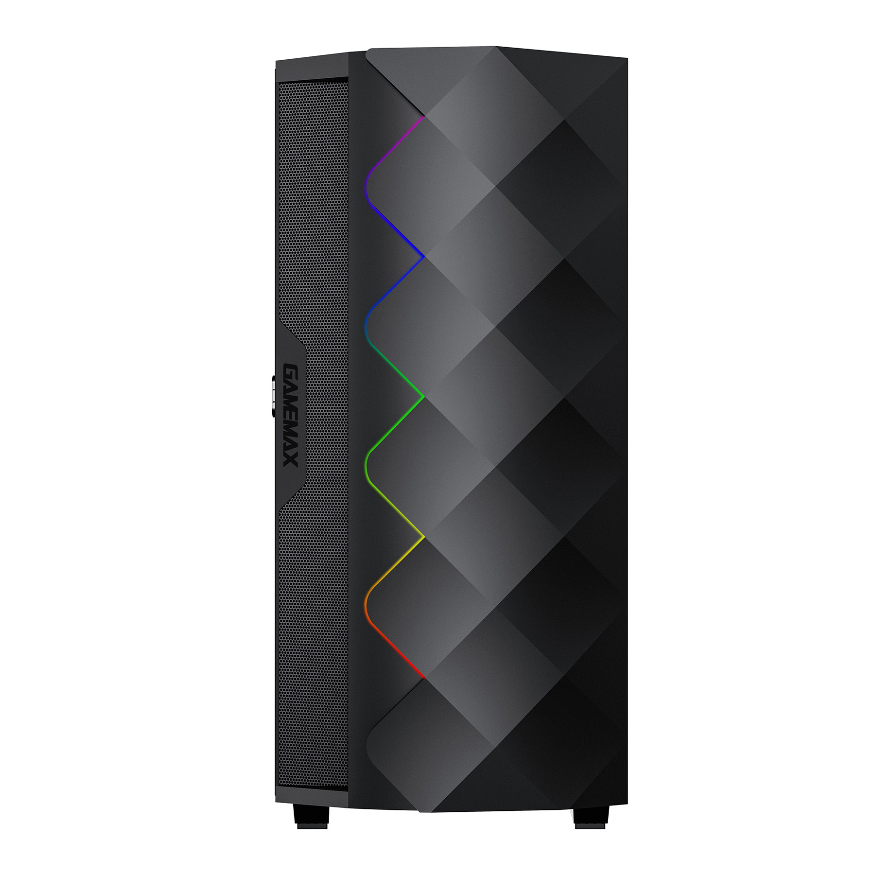 Schwarzes PC-Gehäuse mit Mesh-Front und diamantförmigem Muster mit Regenbogen-LEDs.