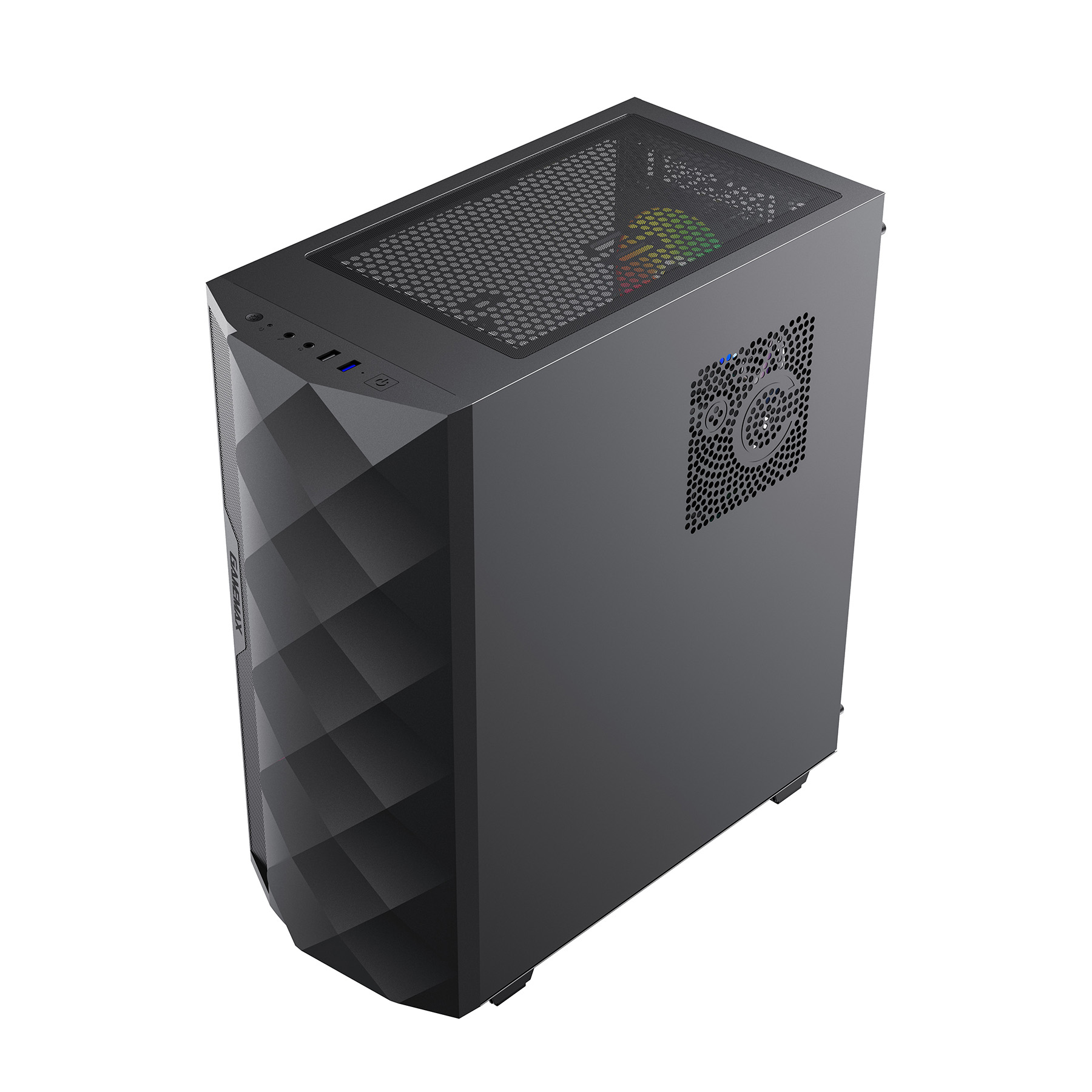 Schwarzes PC-Gehäuse mit diamantförmiger Front und Lüftern.