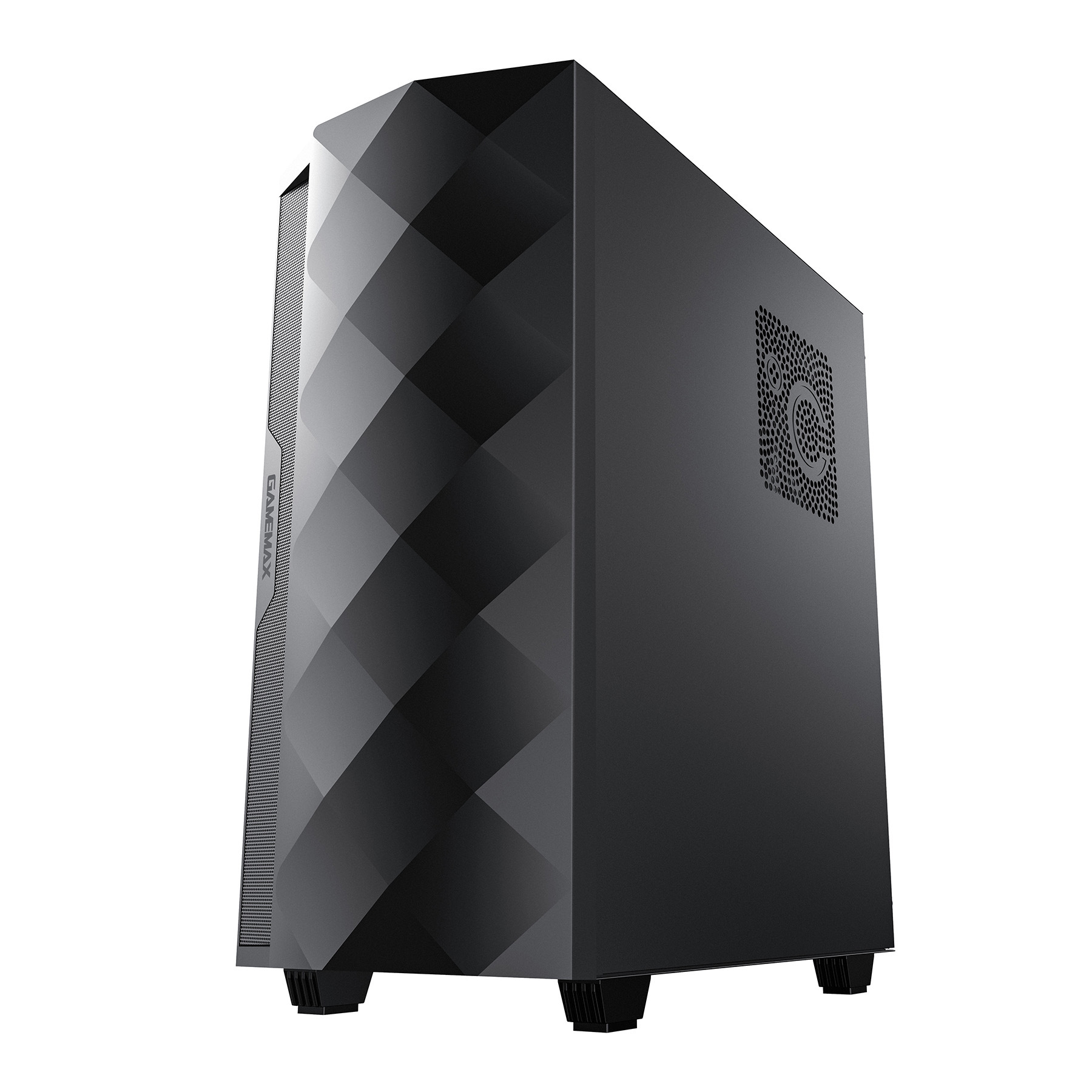 Ein schwarzes Computergehäuse mit einem geometrischen Design auf der Vorderseite und Lüftungsschlitzen.