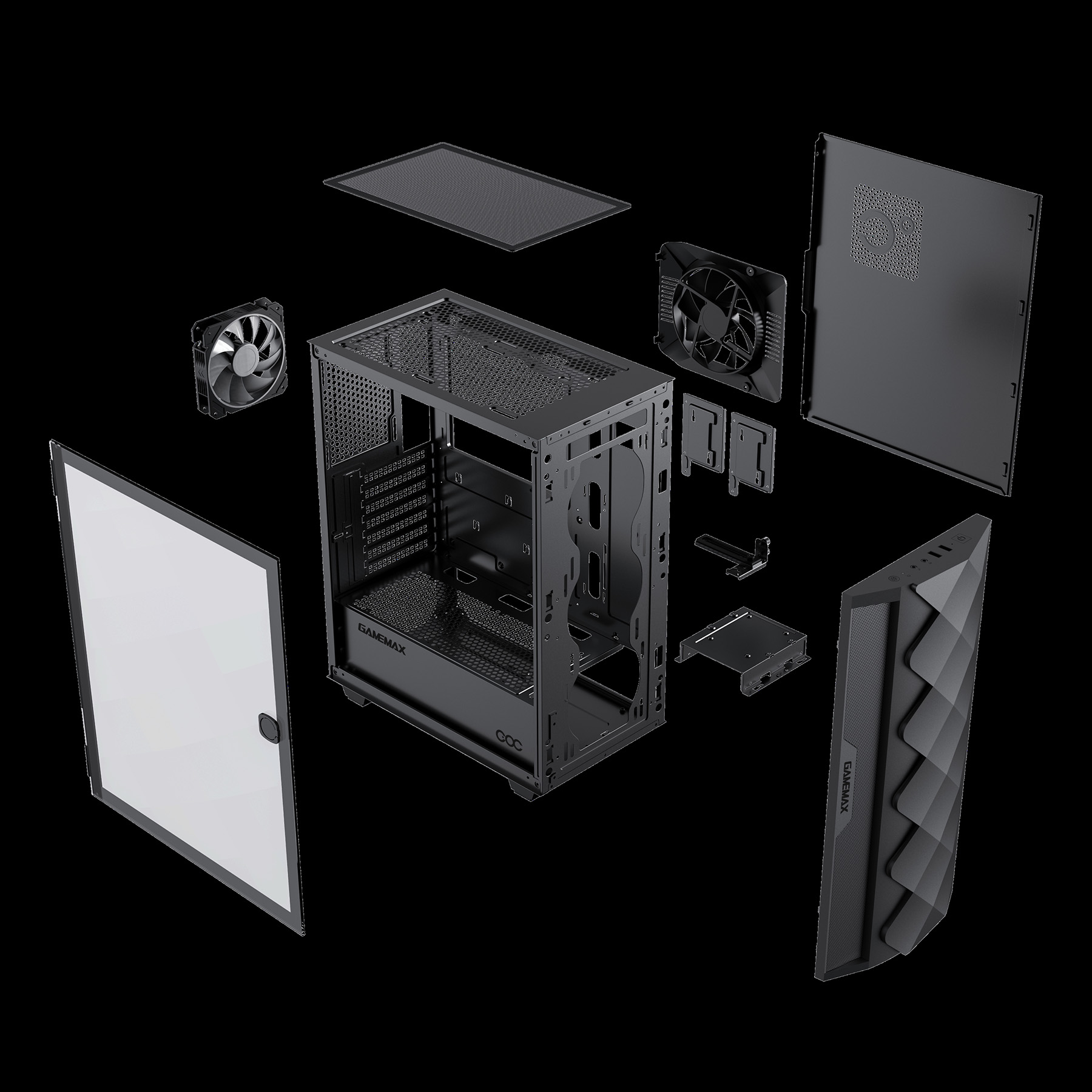 Explodierte Ansicht eines schwarzen PC-Gehäuses mit Komponenten.