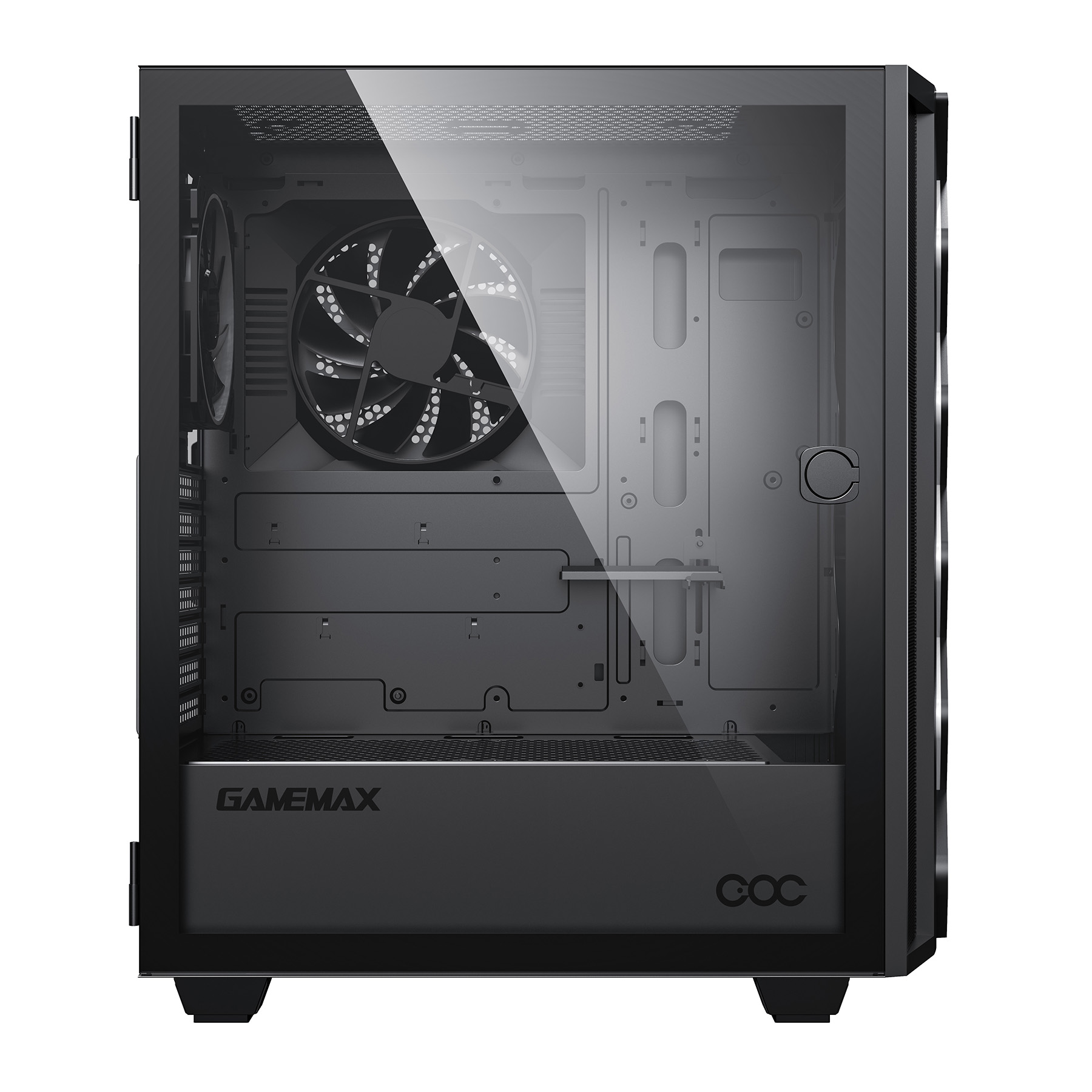Ein schwarzes PC-Gehäuse mit einem Lüfter und Glasfront.
