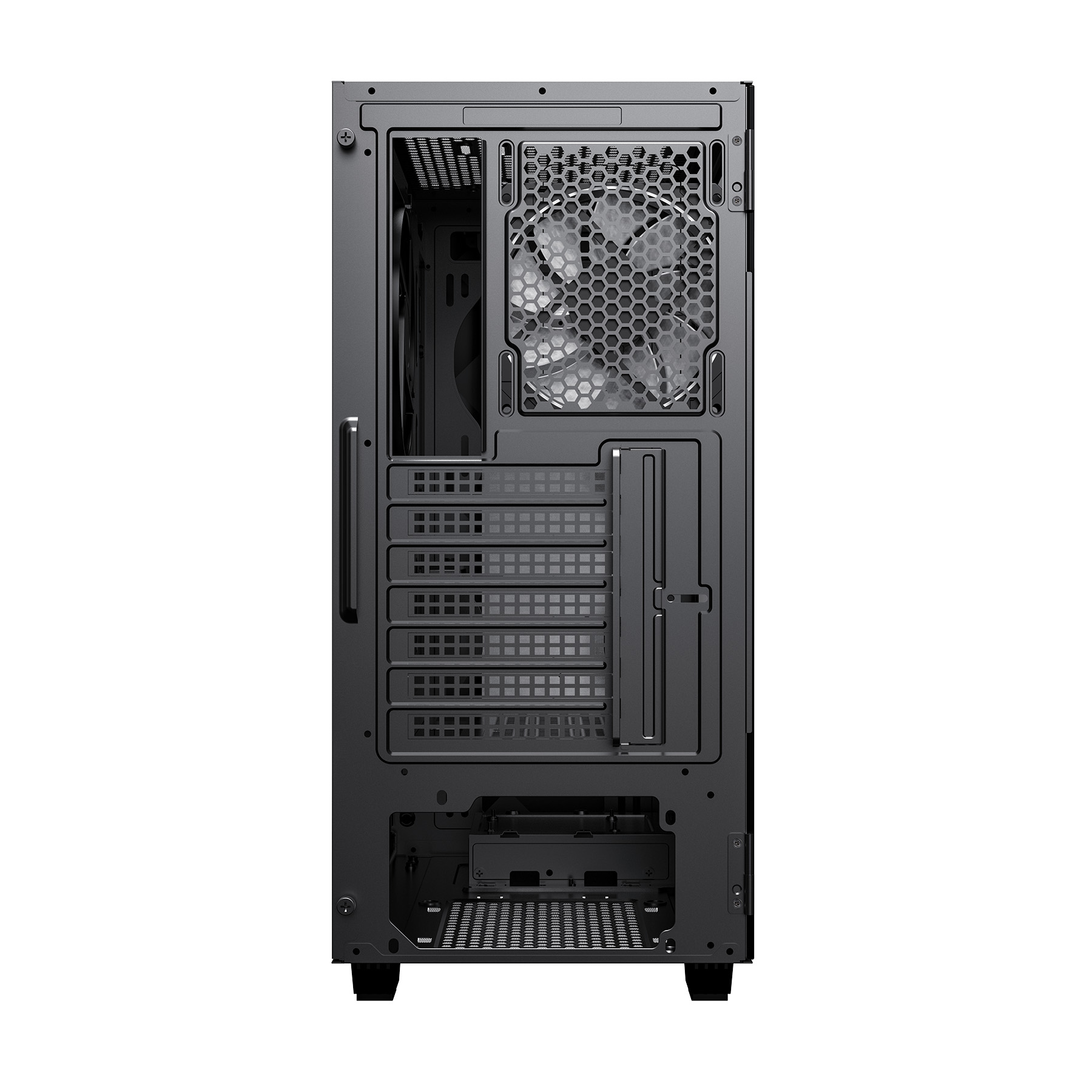Rückansicht eines schwarzen Computergehäuses mit Lüfter, Lüftungsschlitzen und Erweiterungskartenabdeckungen.
