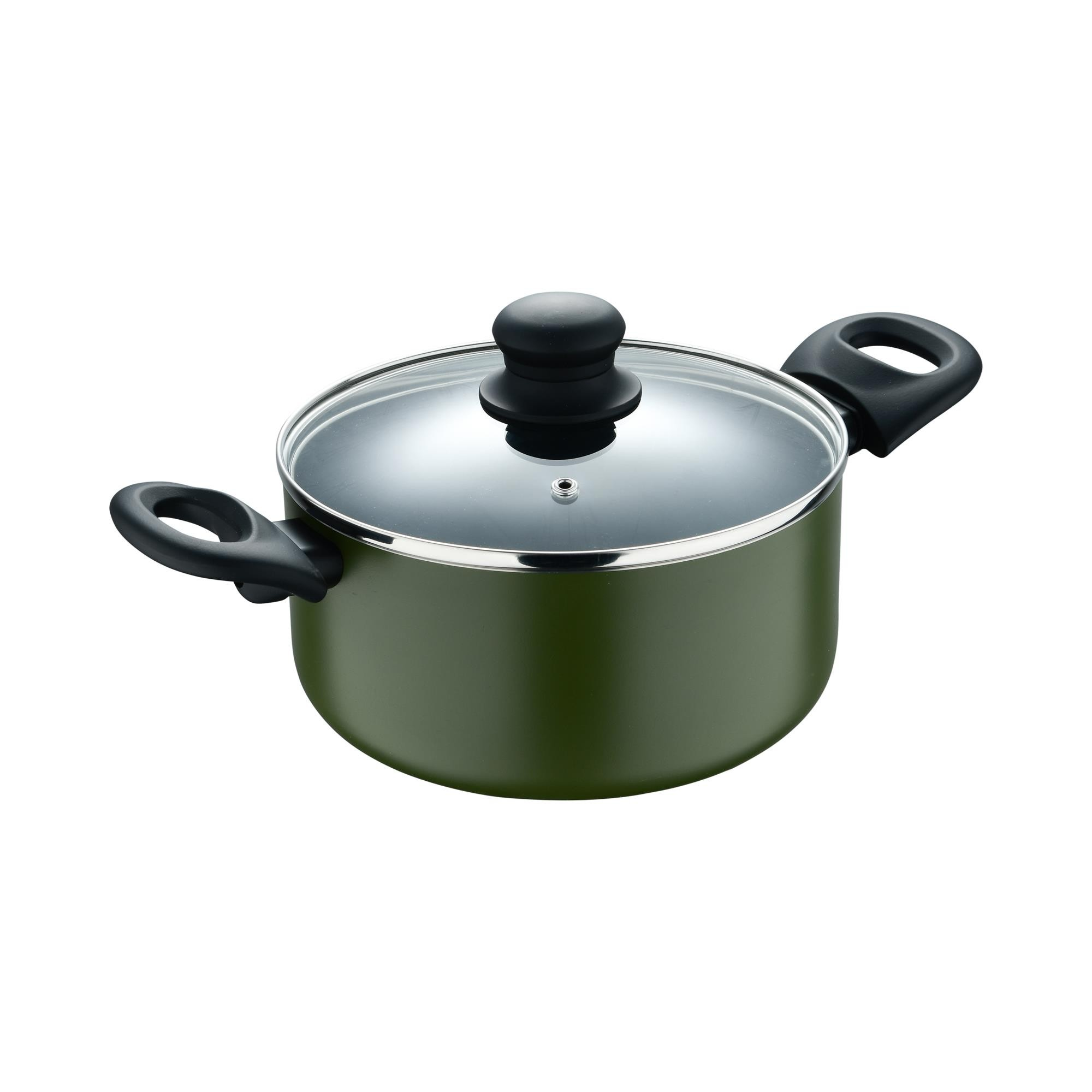 Olla verde con tapa de cristal y asas negras.