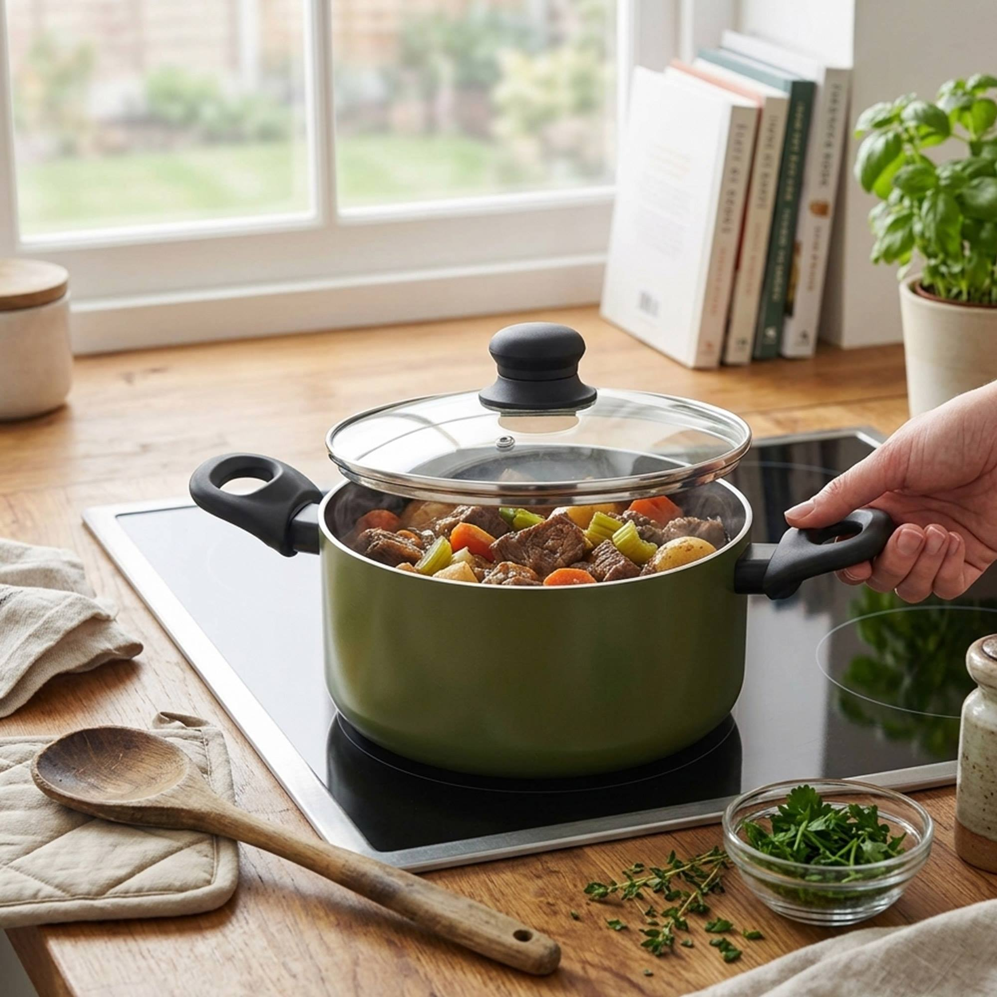 Olla verde con estofado de carne y verduras, sobre vitrocerámica con utensilios.