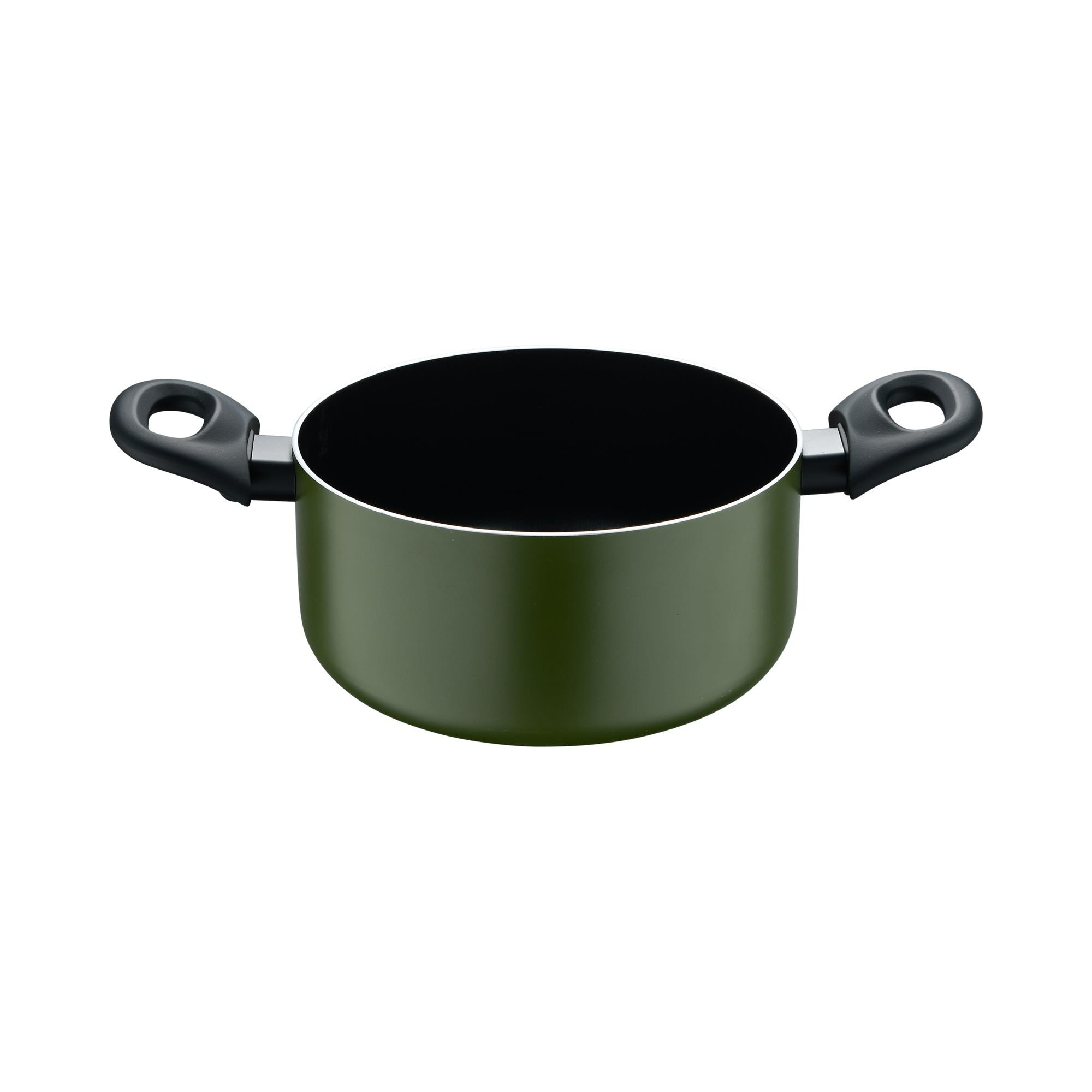 Olla verde con asas negras sobre fondo blanco.
