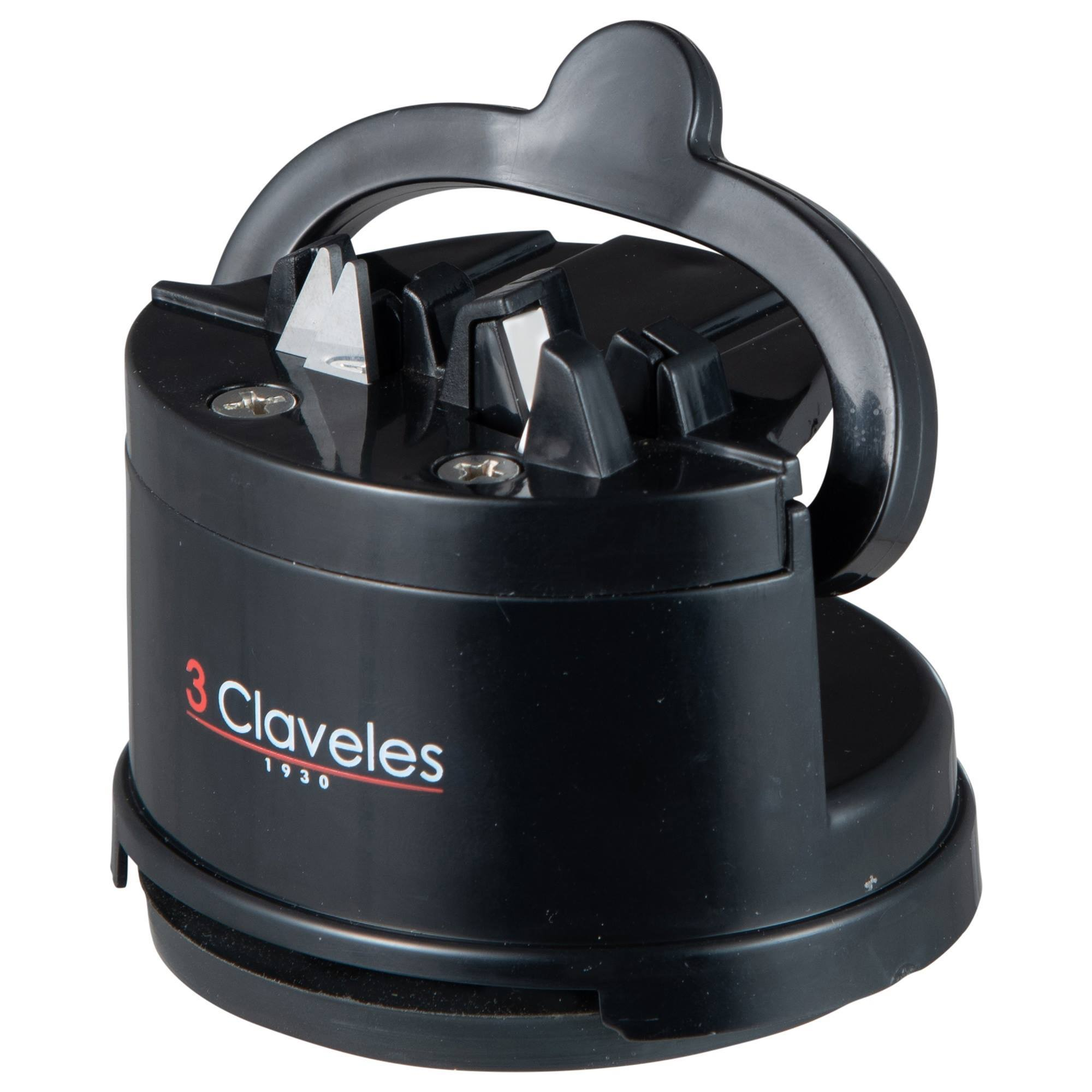 Afilador de cuchillos negro con mango y ranuras en V para cuchillas.