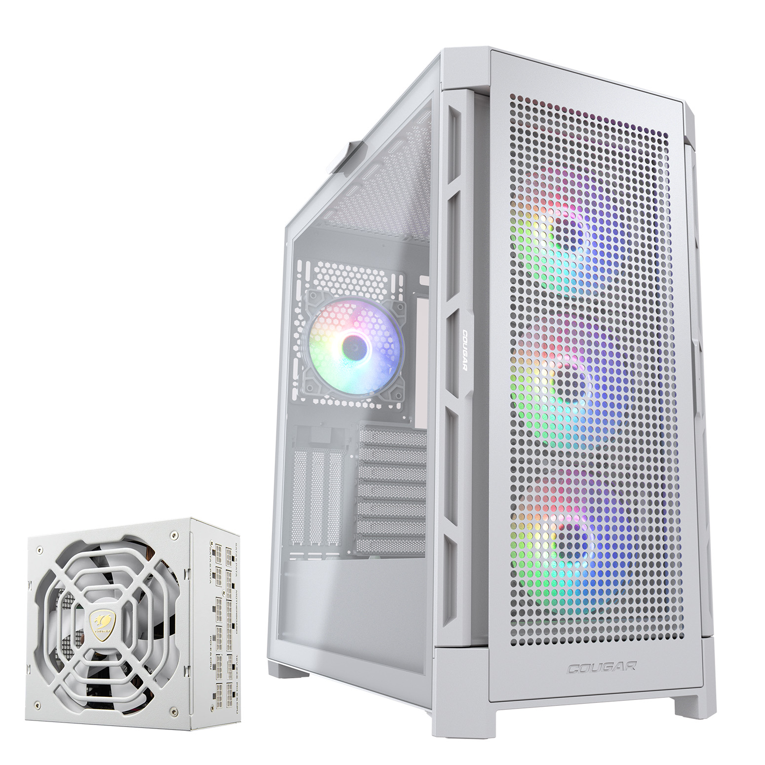 Ein weißes PC-Gehäuse mit RGB-Lüftern und einem Netzteil daneben.