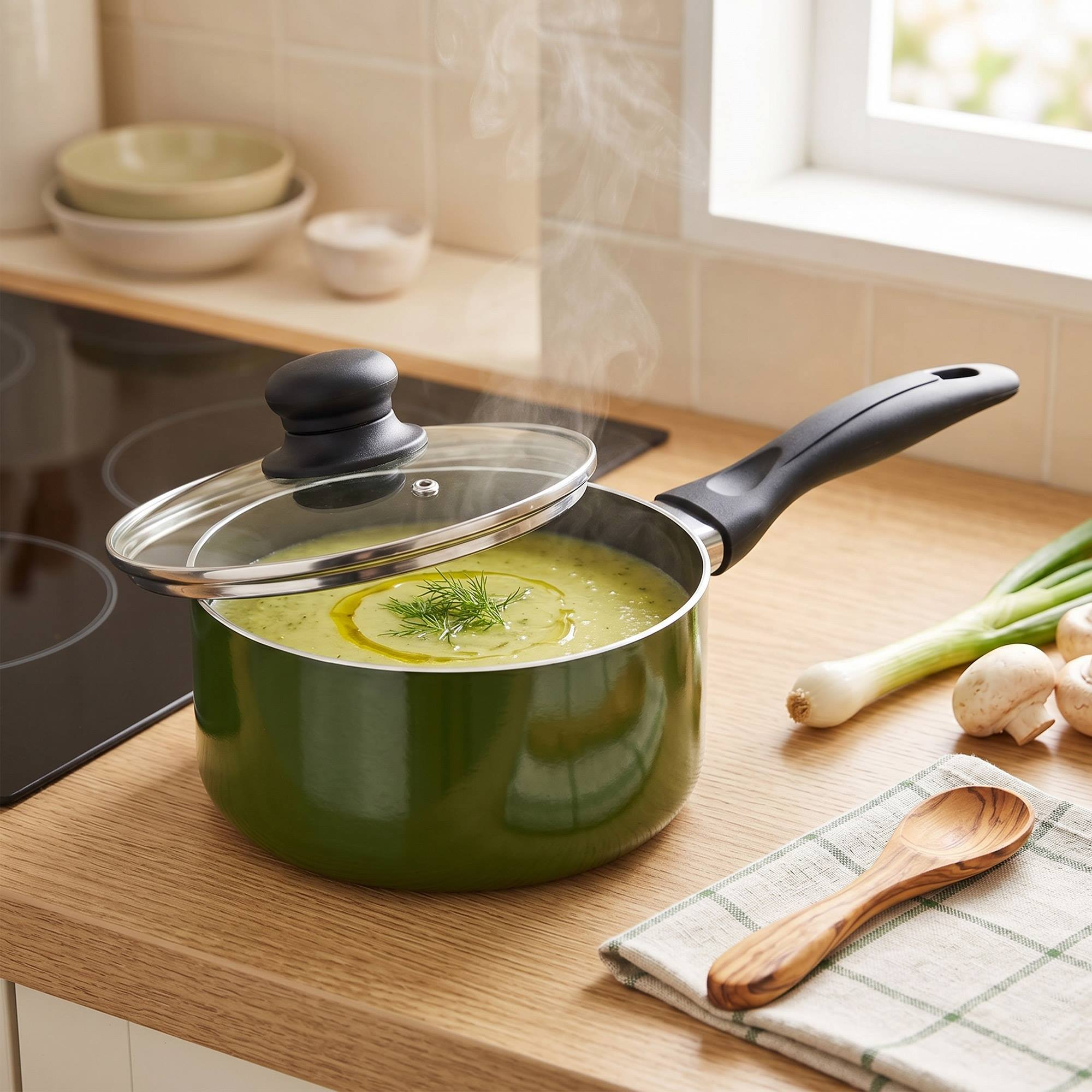 Olla verde con sopa humeante, adornada con eneldo y aceite. Cebollas y champiñones cerca.