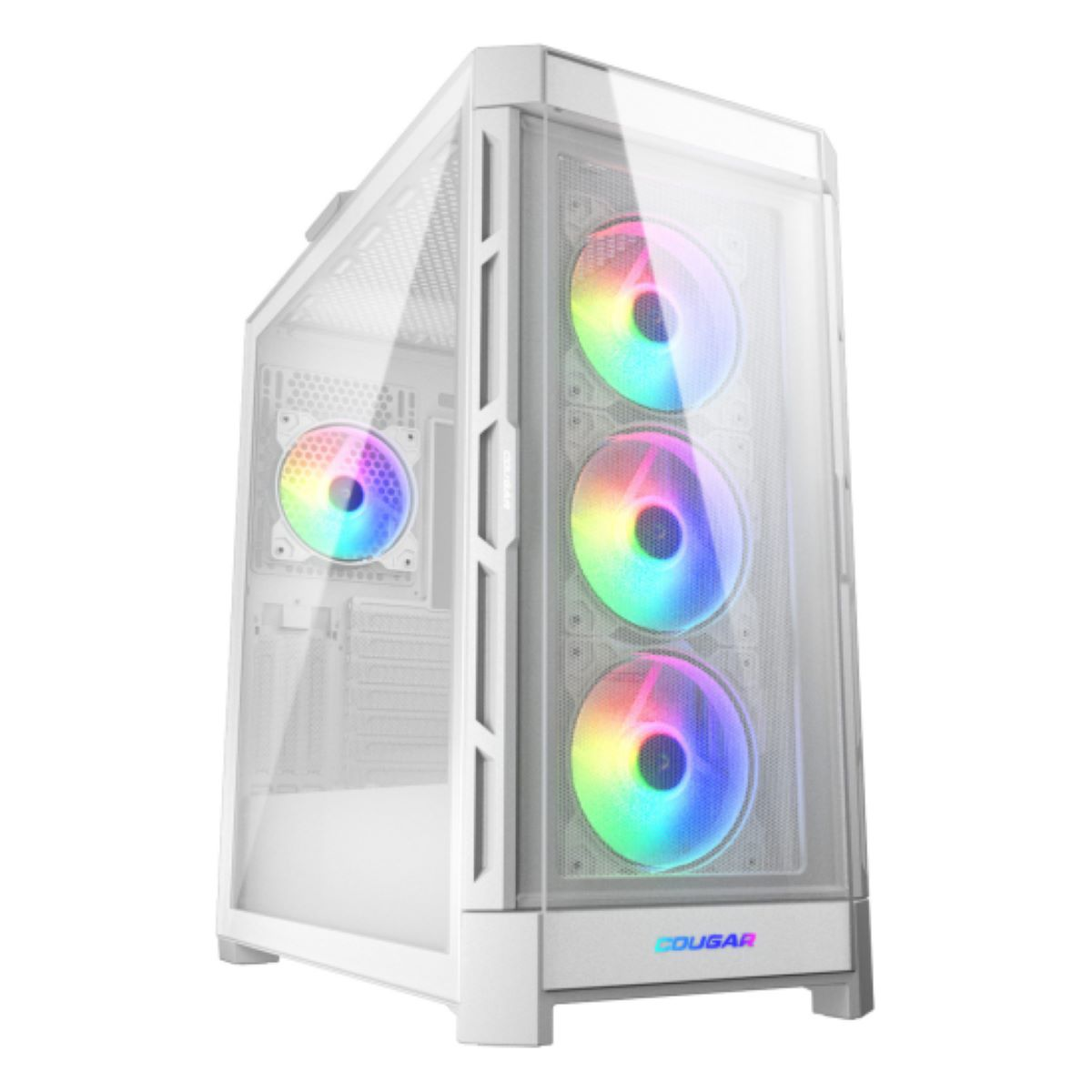Weißer PC-Gehäuse mit RGB-Lüftern und Glasfenstern.