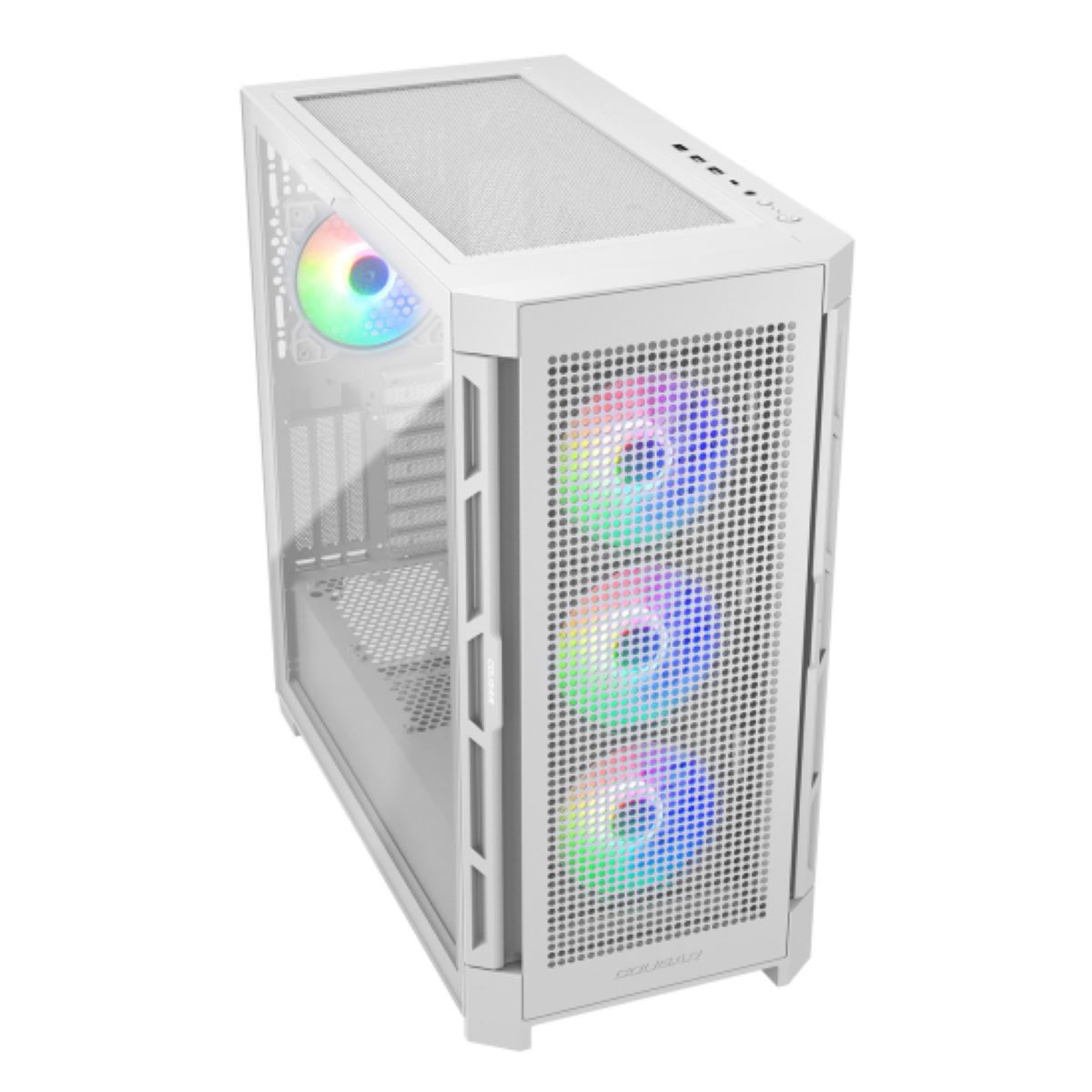 Ein weißes Computergehäuse mit RGB-Lüftern und Glasfront.