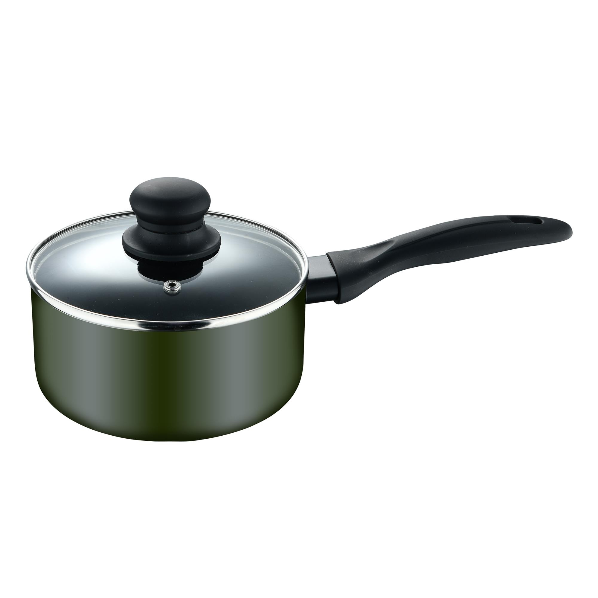Cacerola verde con tapa de cristal y asa negra.