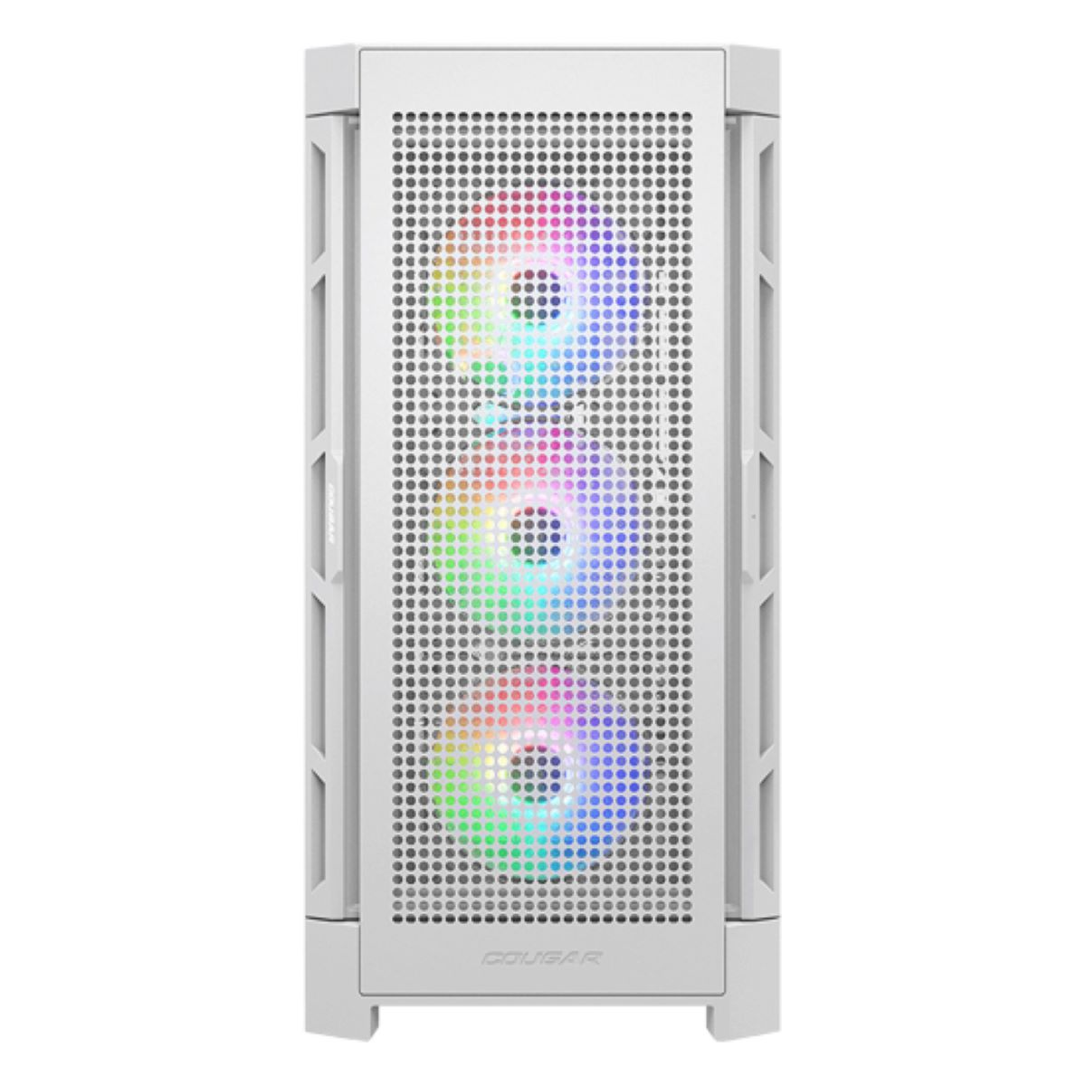 Ein weißes Computergehäuse mit RGB-Lüftern und einem perforierten Frontpanel.
