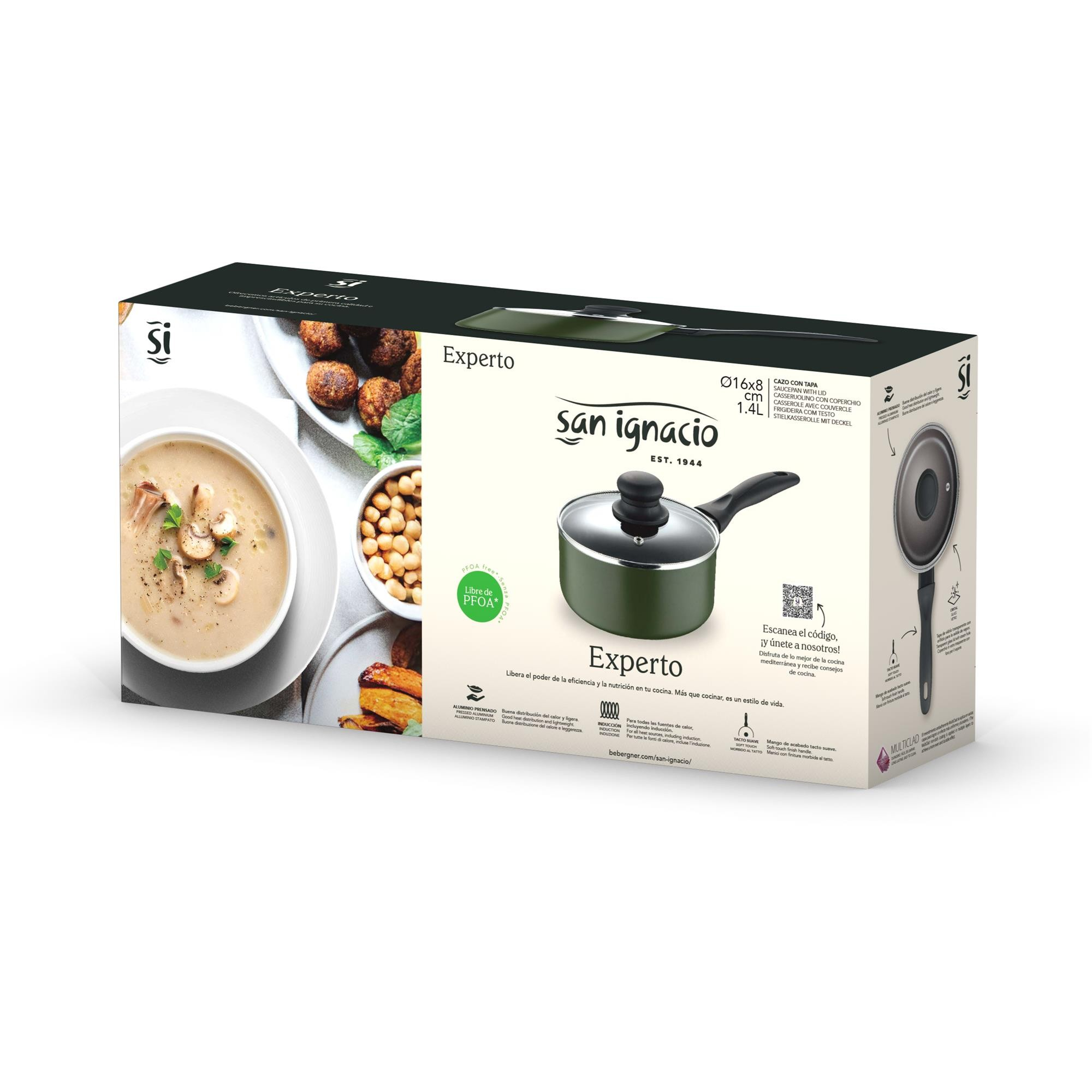 Embalaje de una cacerola verde con tapa, junto a una imagen de sopa y albóndigas.