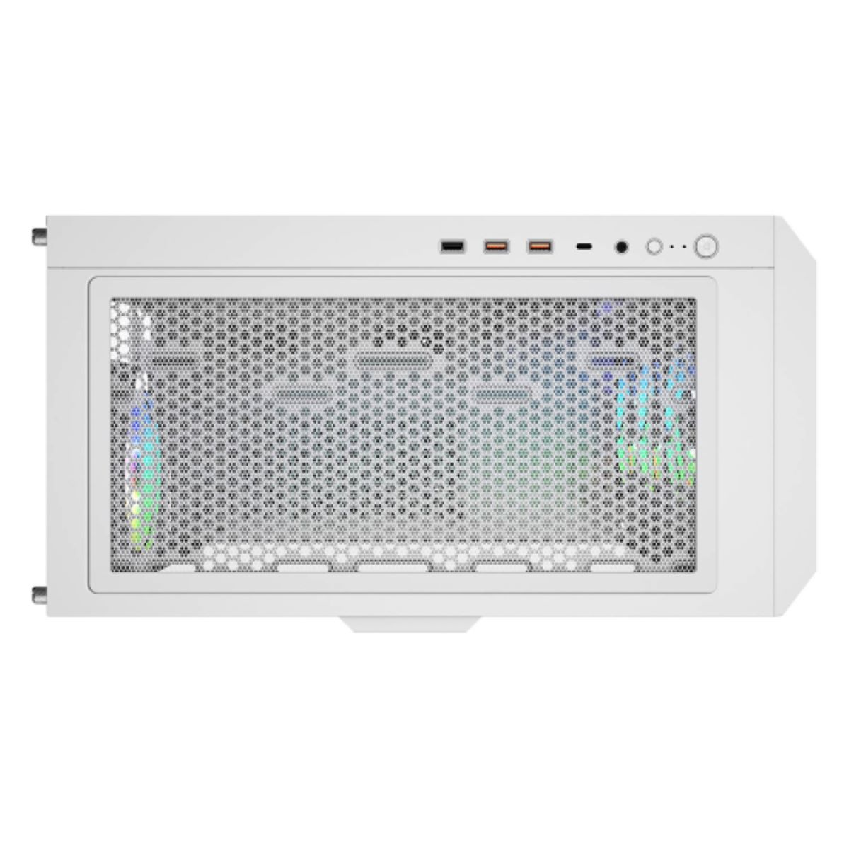 Ein weißes Computergehäuse mit Netzfront und RGB-Lüftern.
