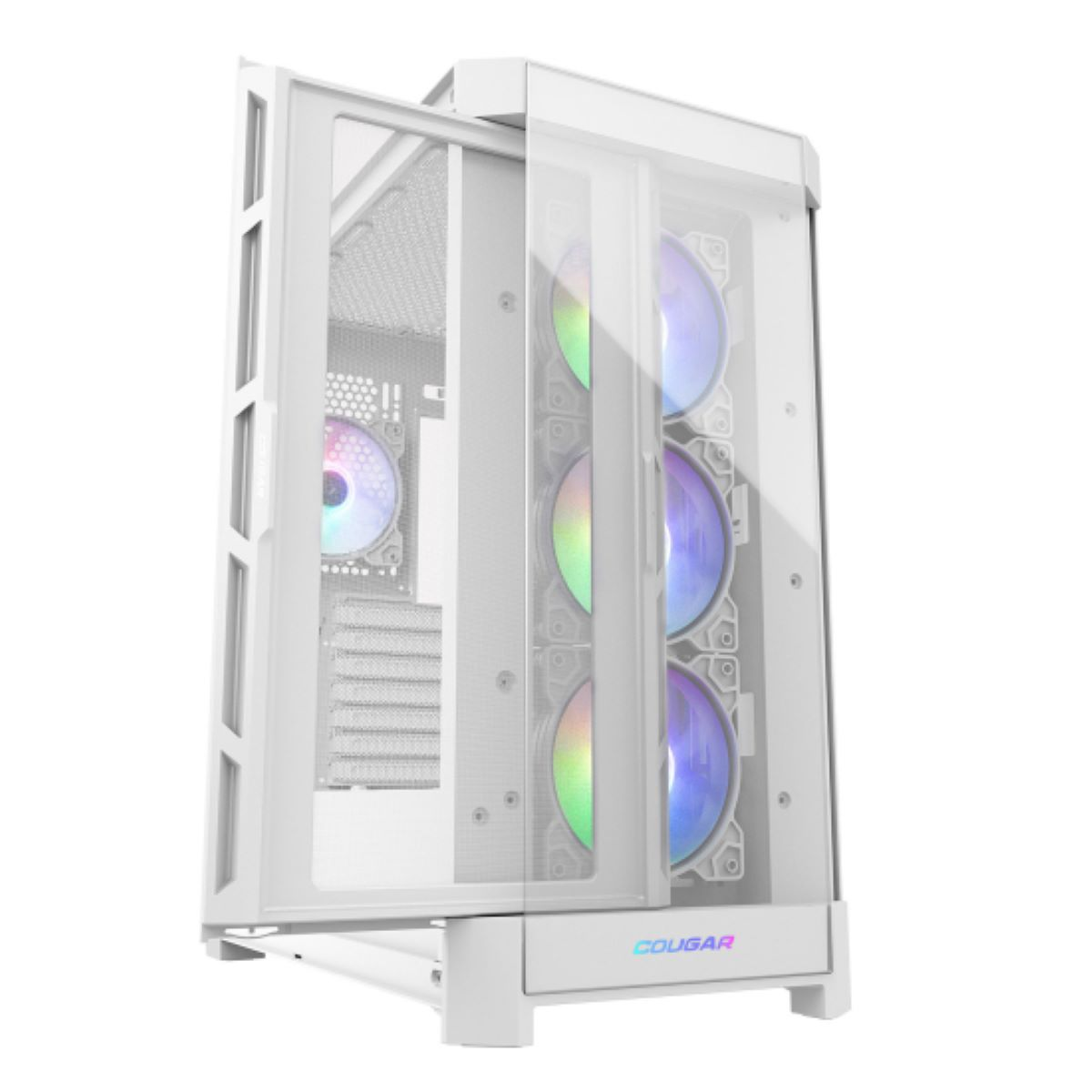 Ein weißes Computergehäuse mit drei beleuchteten Lüftern vorne.