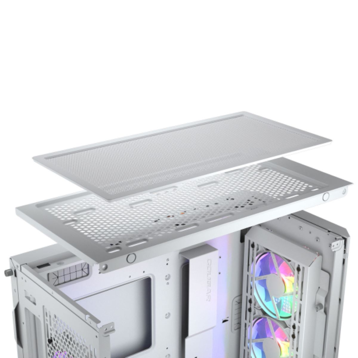 Weißes Computergehäuse mit demontierten oberen Panels und RGB-Lüftern.