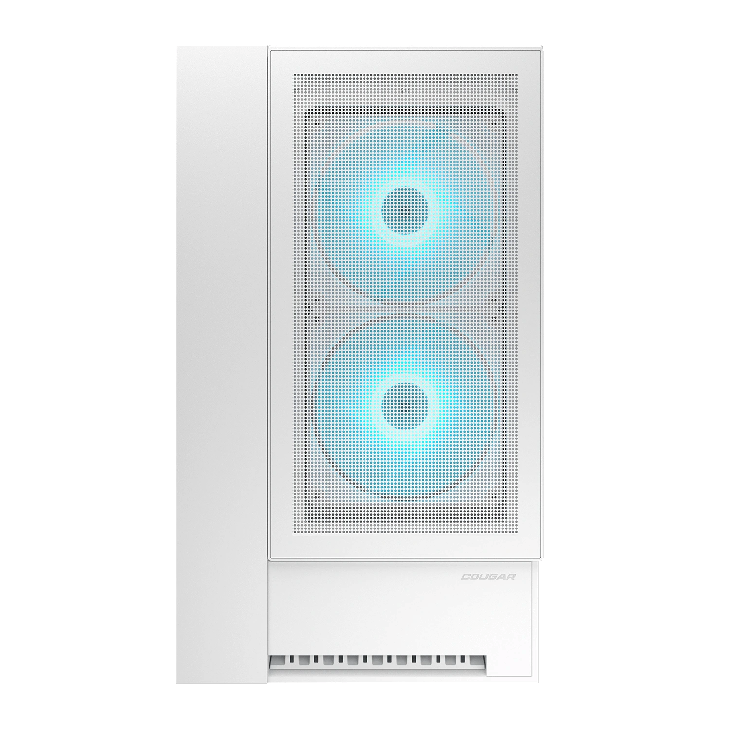 Weißer Computerturm mit zwei blau beleuchteten Lüftern auf der Vorderseite.