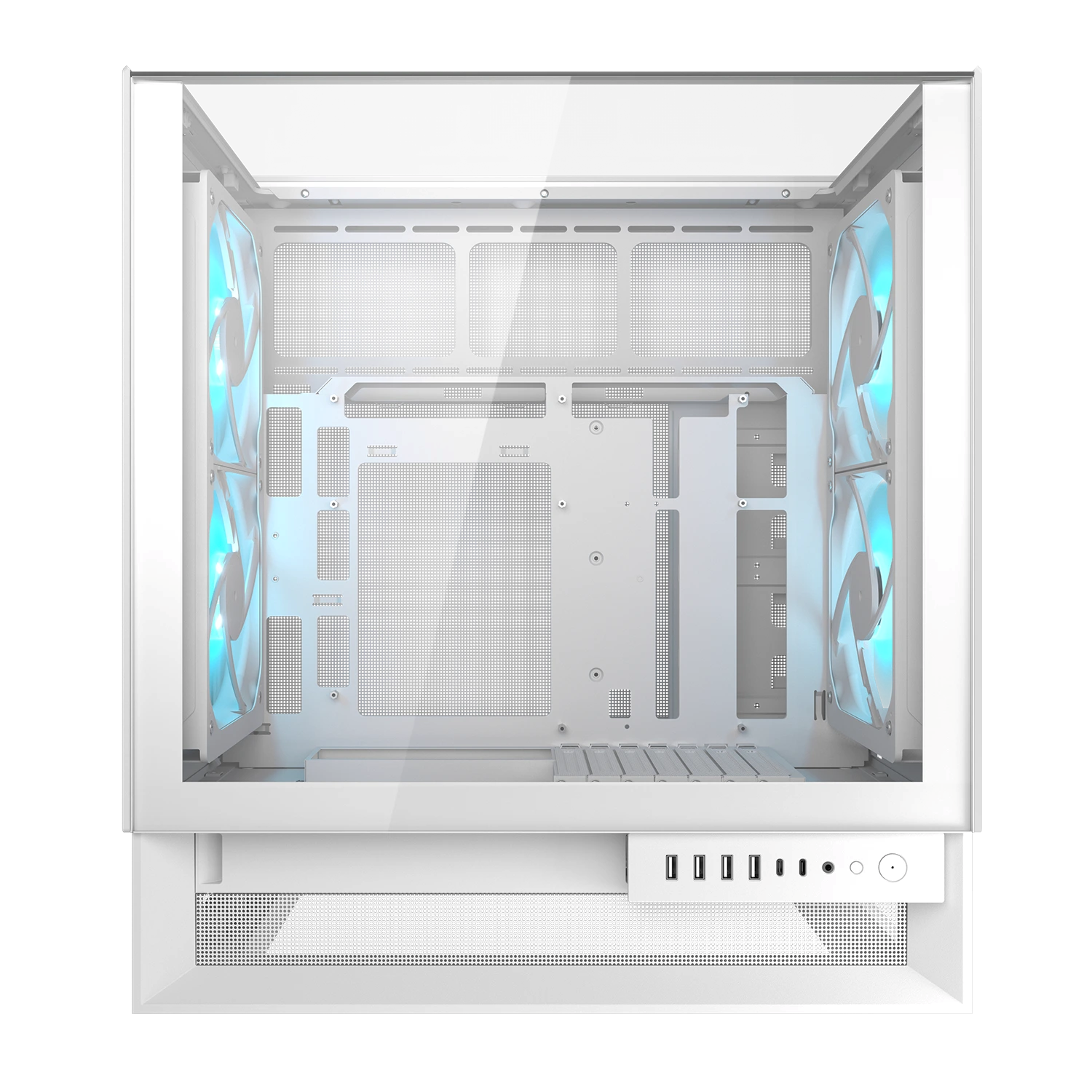 Ein weißes Computergehäuse mit blauen Lüftern, von oben gesehen.