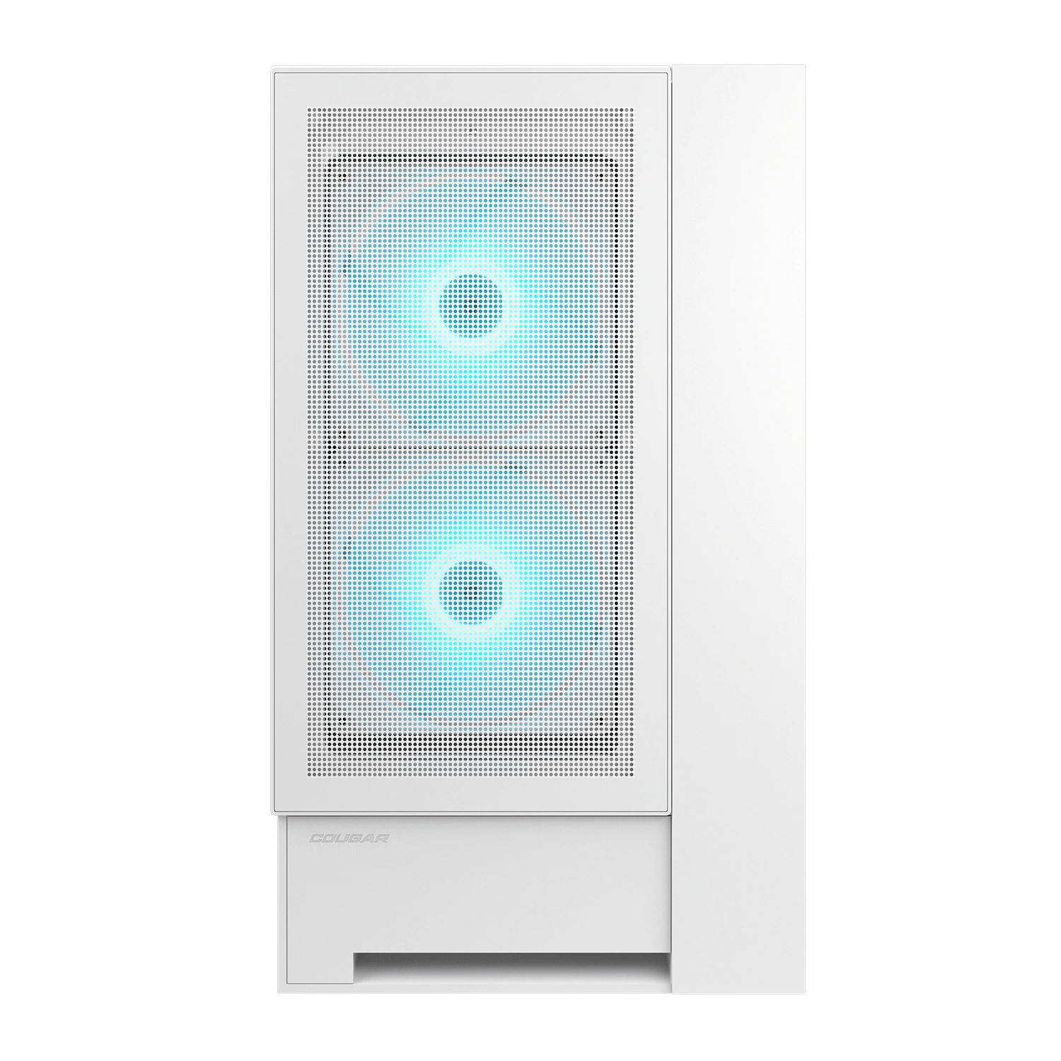 Ein weißes Computergehäuse mit zwei blauen Lüftern und einem belüfteten Frontpanel.