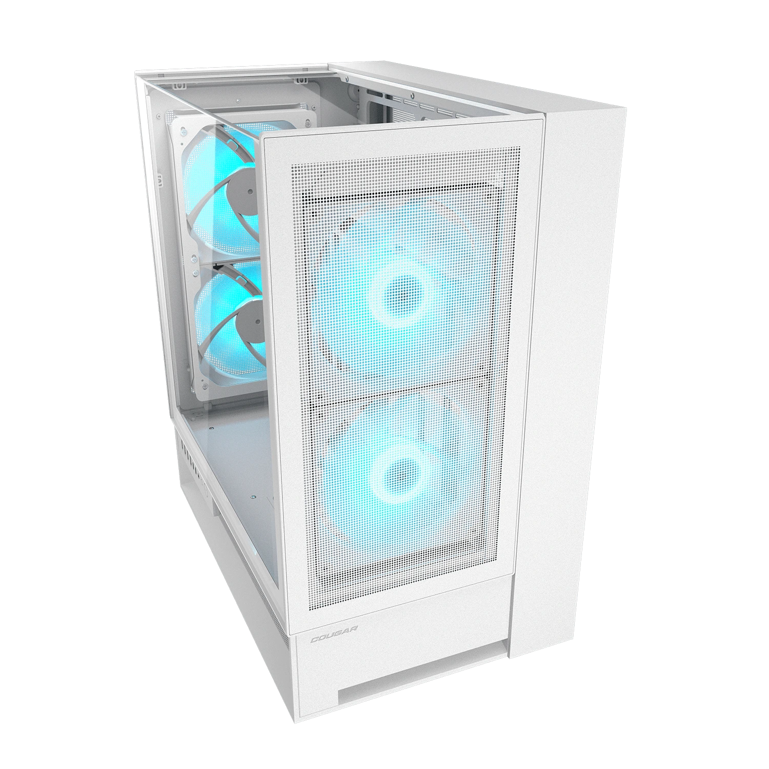 Weißer PC-Gehäuselüfter mit blauen LEDs, seitliche Glasfront.
