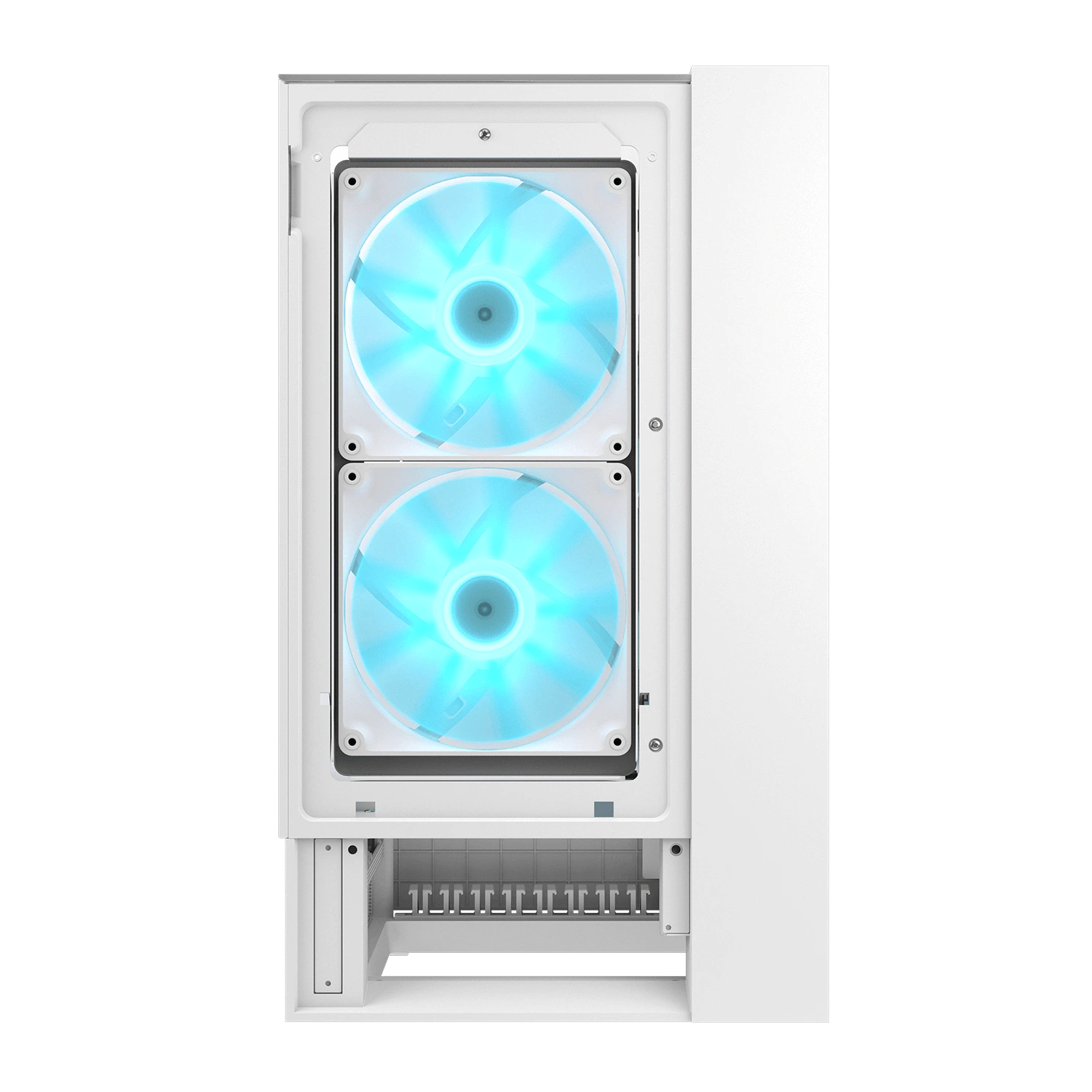 Ein weißes Computergehäuse mit zwei leuchtend blauen Lüftern oben.