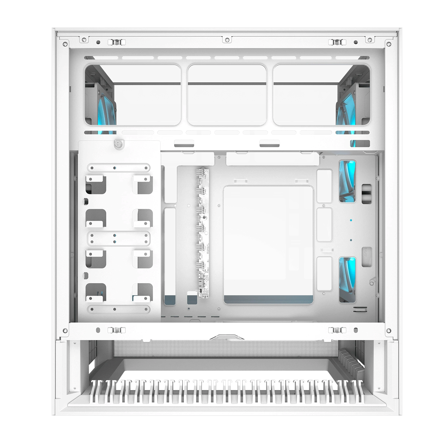 Innenansicht eines weißen Computergehäuses mit blauen Lüftern und Anschlüssen.