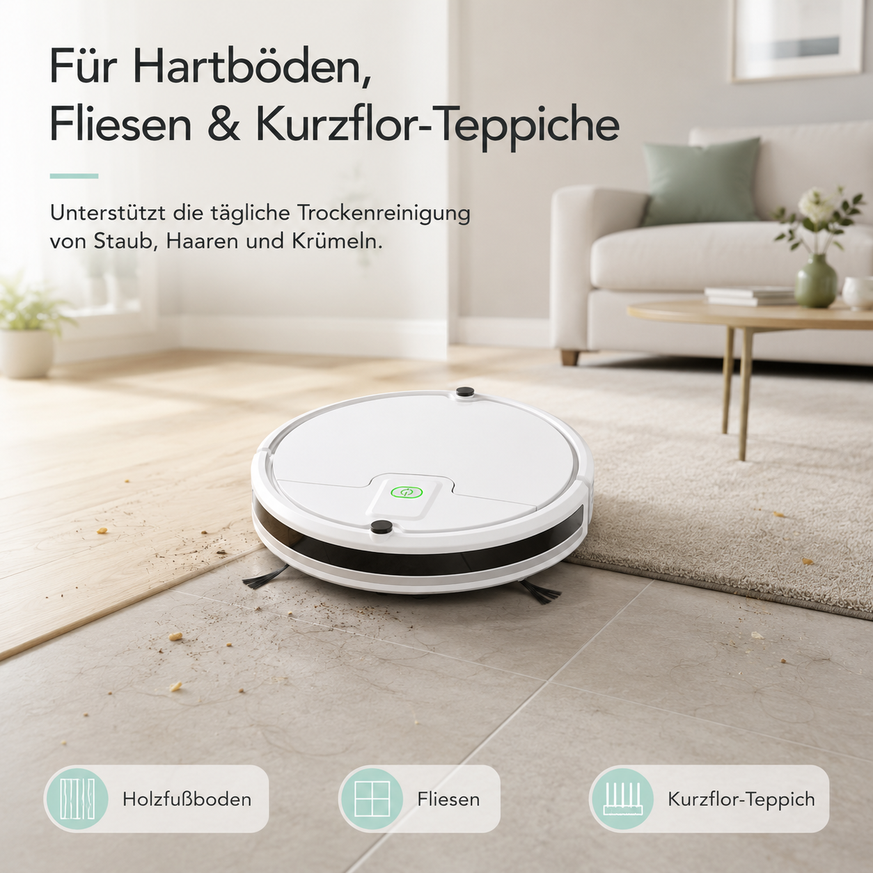 Ein weißer Saugroboter reinigt Fliesen und Holzfußboden von Staub und Krümeln.
