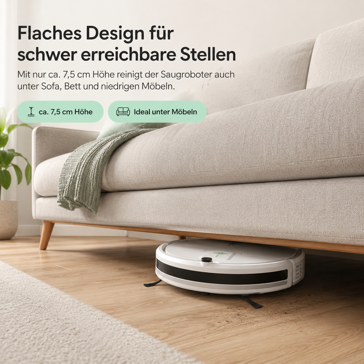 Ein weißer Saugroboter reinigt unter einem hellgrauen Sofa. Er ist flach.