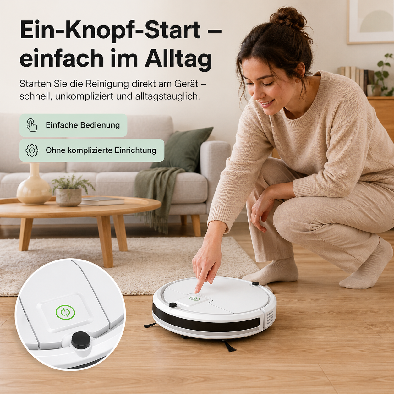 Frau startet einen weißen Saugroboter mit dem Finger auf dem Knopf.