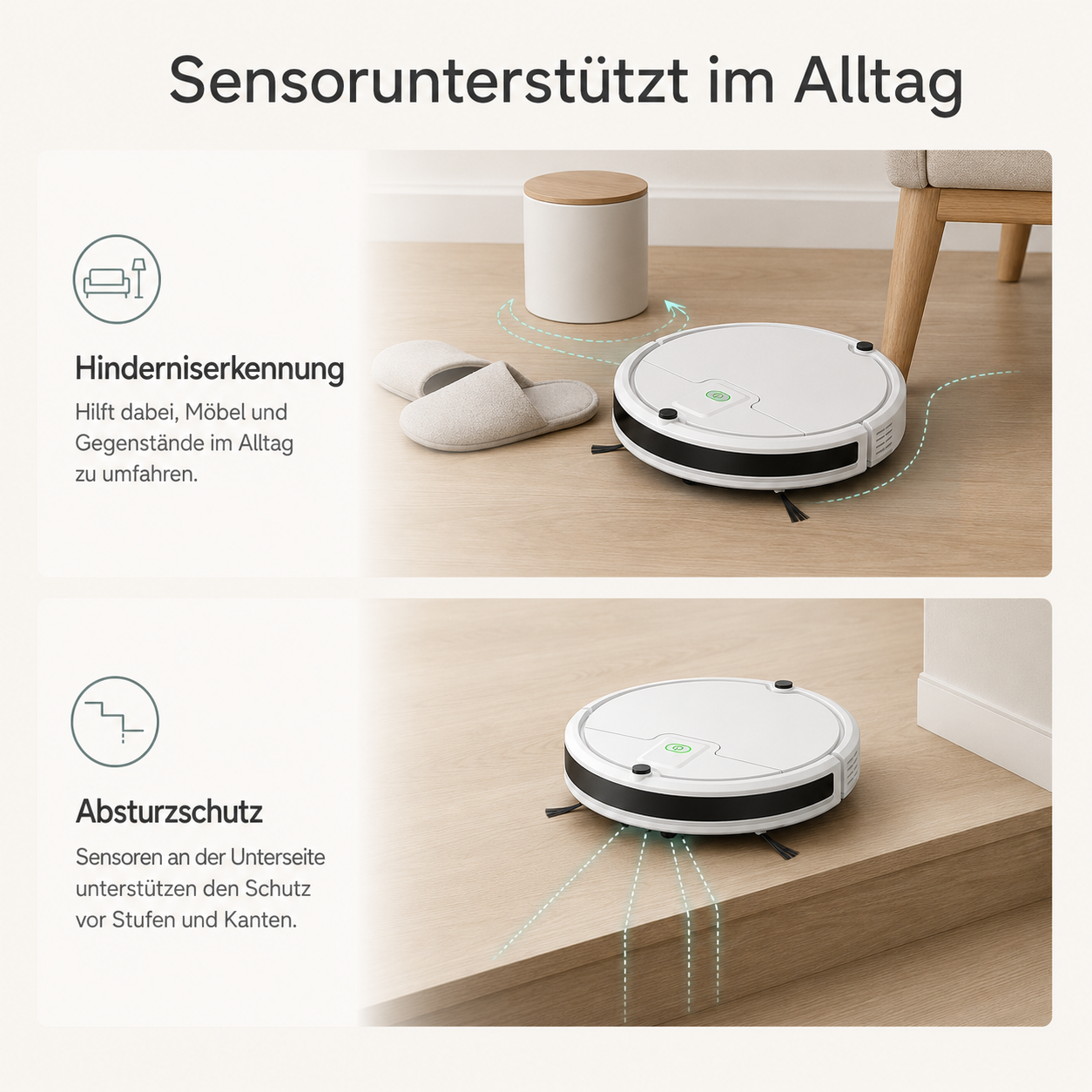 Ein Saugroboter umfährt Hindernisse und erkennt Stufen dank Sensoren.