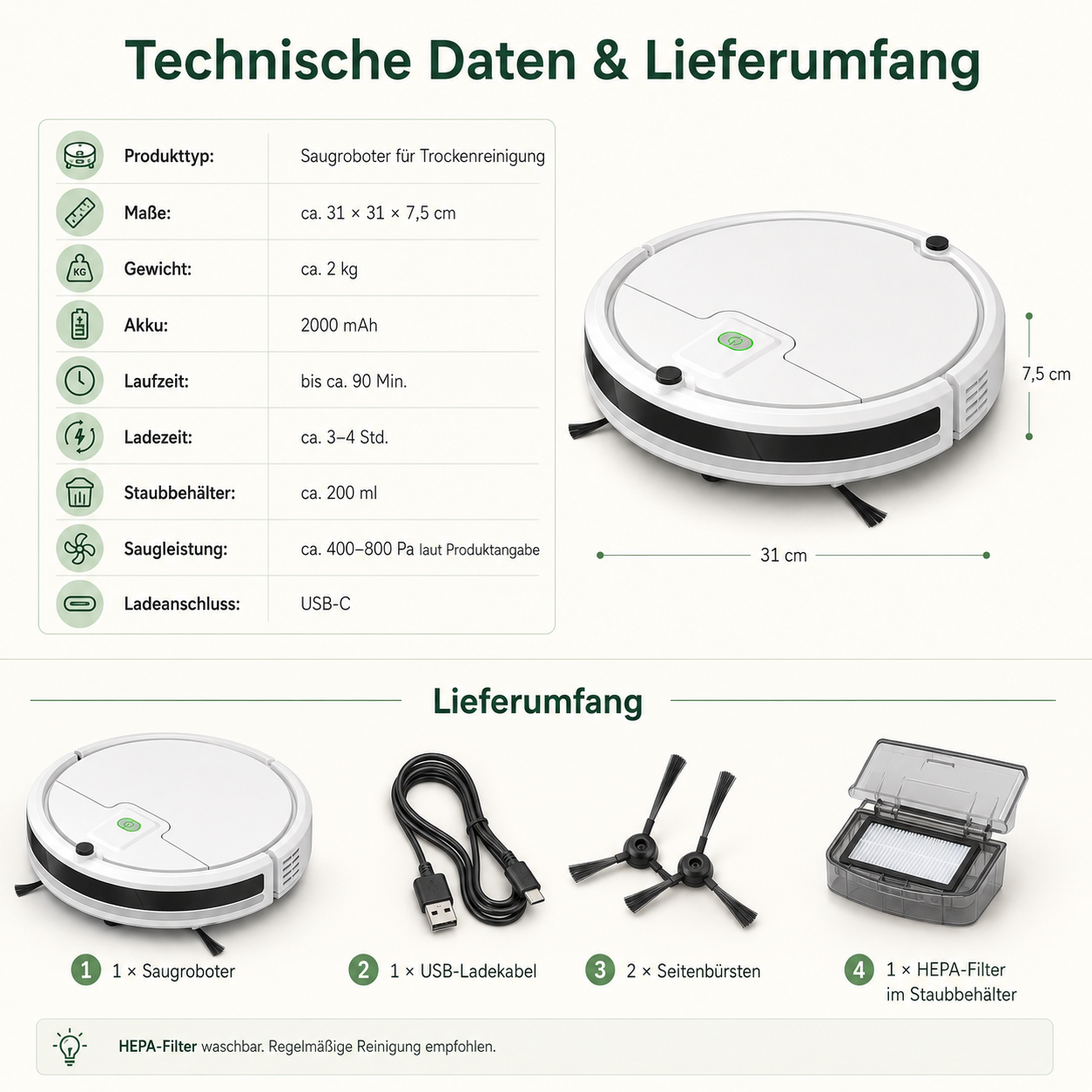Saugroboter mit technischen Daten und Lieferumfang. Maße 31x31x7,5cm, Gewicht 2kg.