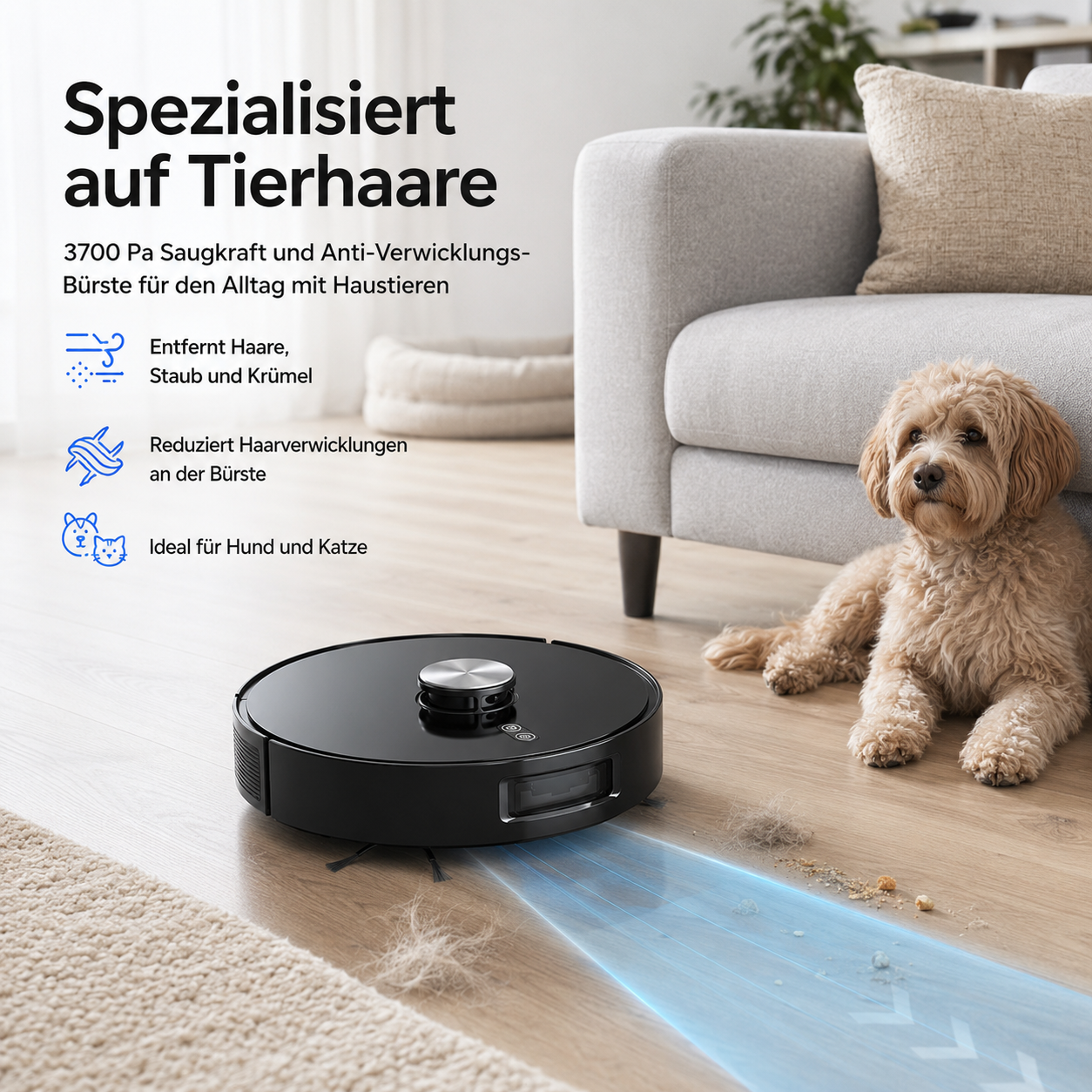 Ein Saugroboter reinigt Tierhaare vor einem Sofa, auf dem ein Hund liegt.