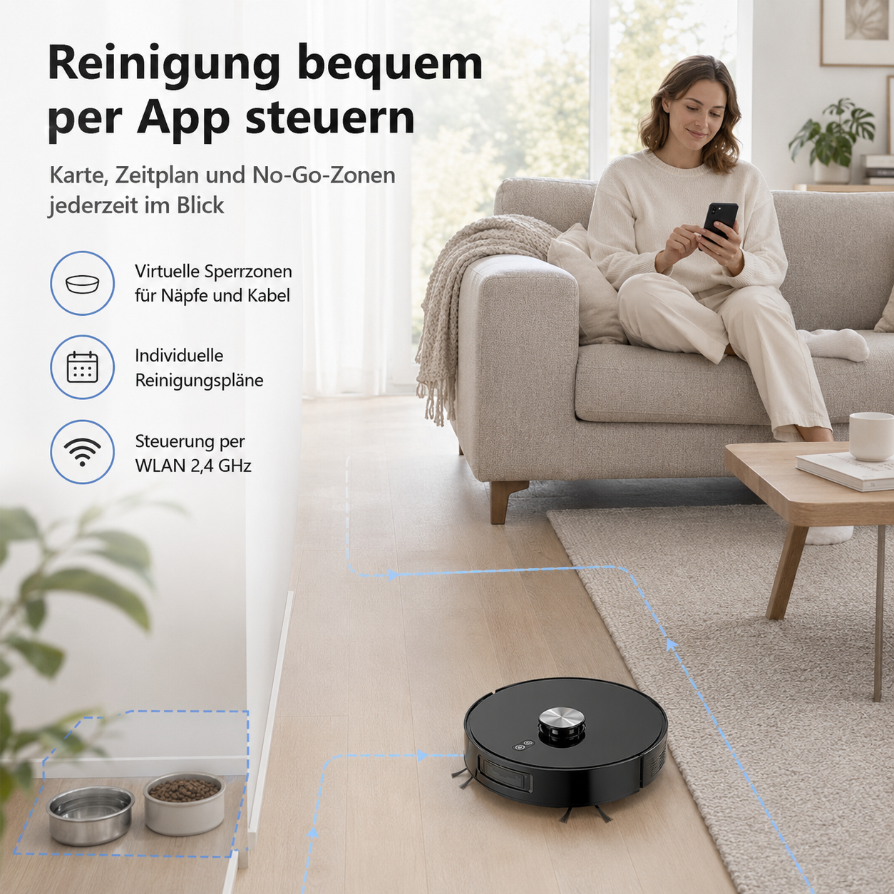 Schwarzer Saugroboter reinigt Boden, eine Frau sitzt auf Sofa und nutzt Smartphone.
