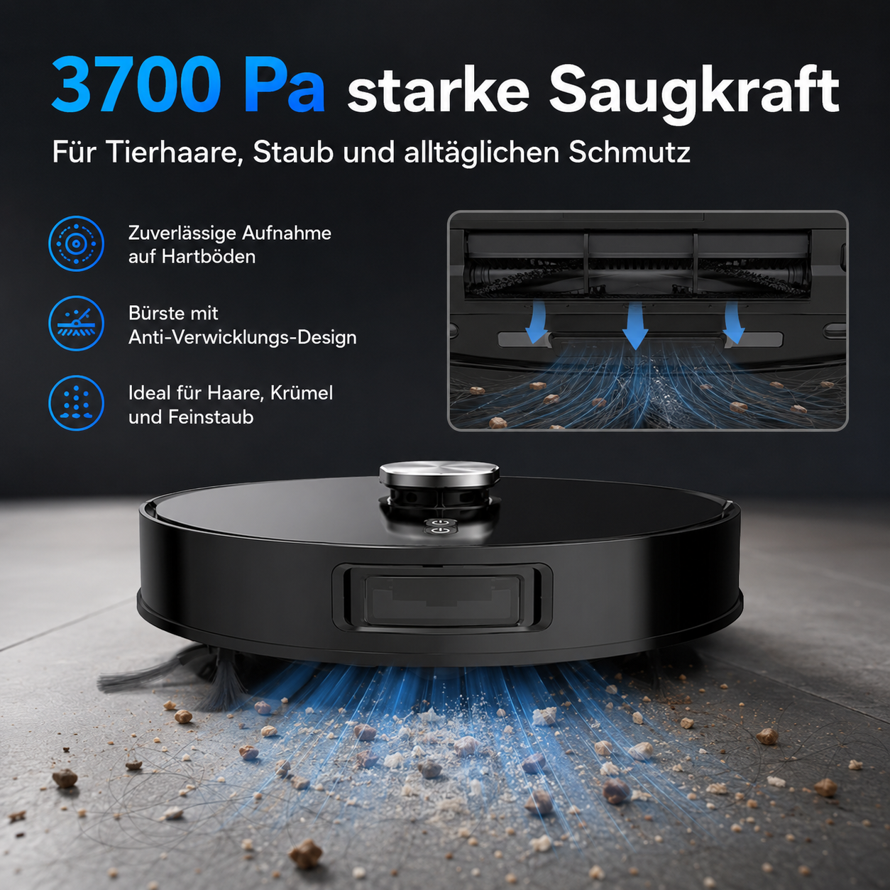 Schwarzer Saugroboter reinigt effizient Hartböden von Staub und Schmutz.