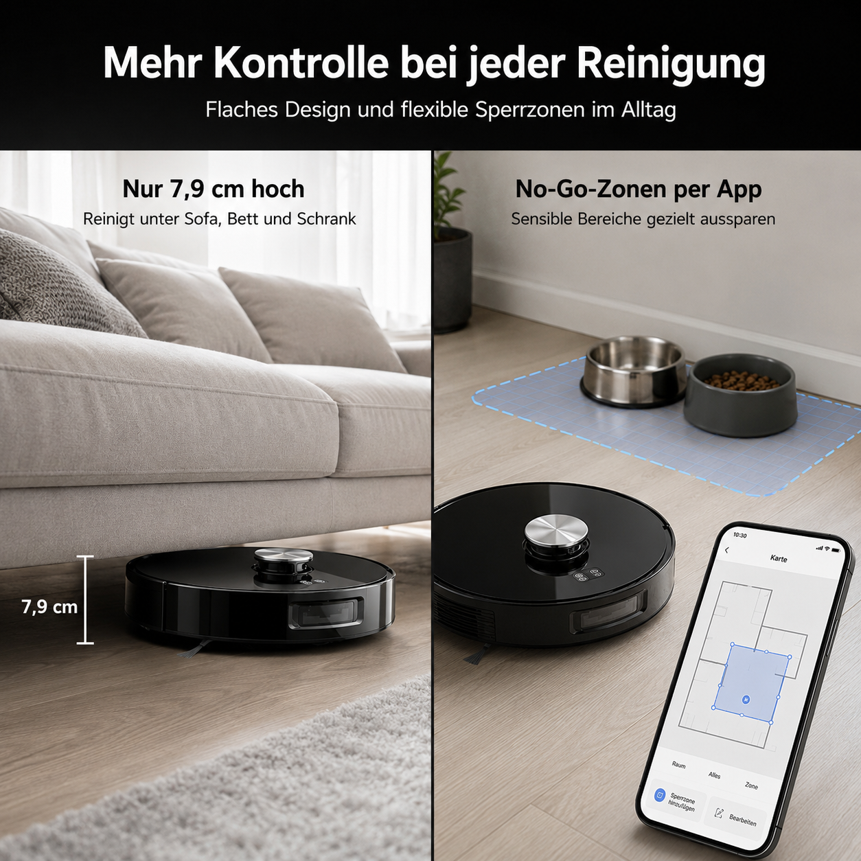 Schwarzer Saugroboter unter einem Sofa, daneben ein Handy mit App.