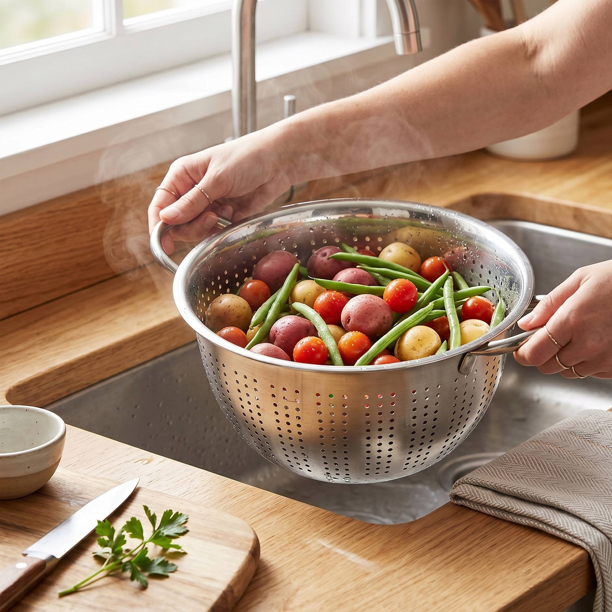 Manos sosteniendo un colador con patatas, tomates cherry y judías verdes.