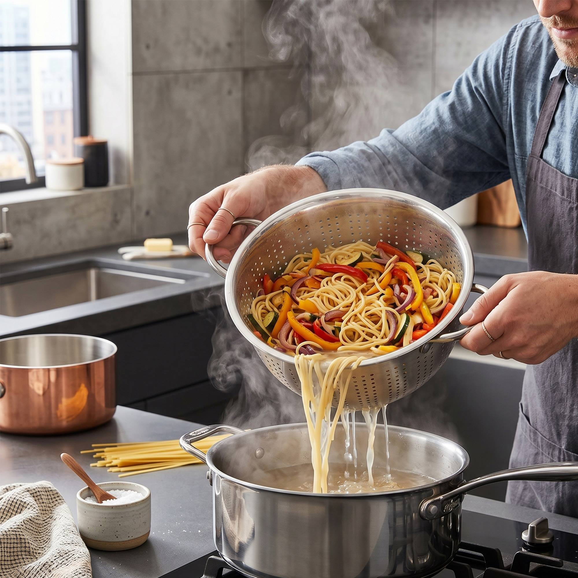 Un hombre vierte pasta con verduras de un colador en una olla.