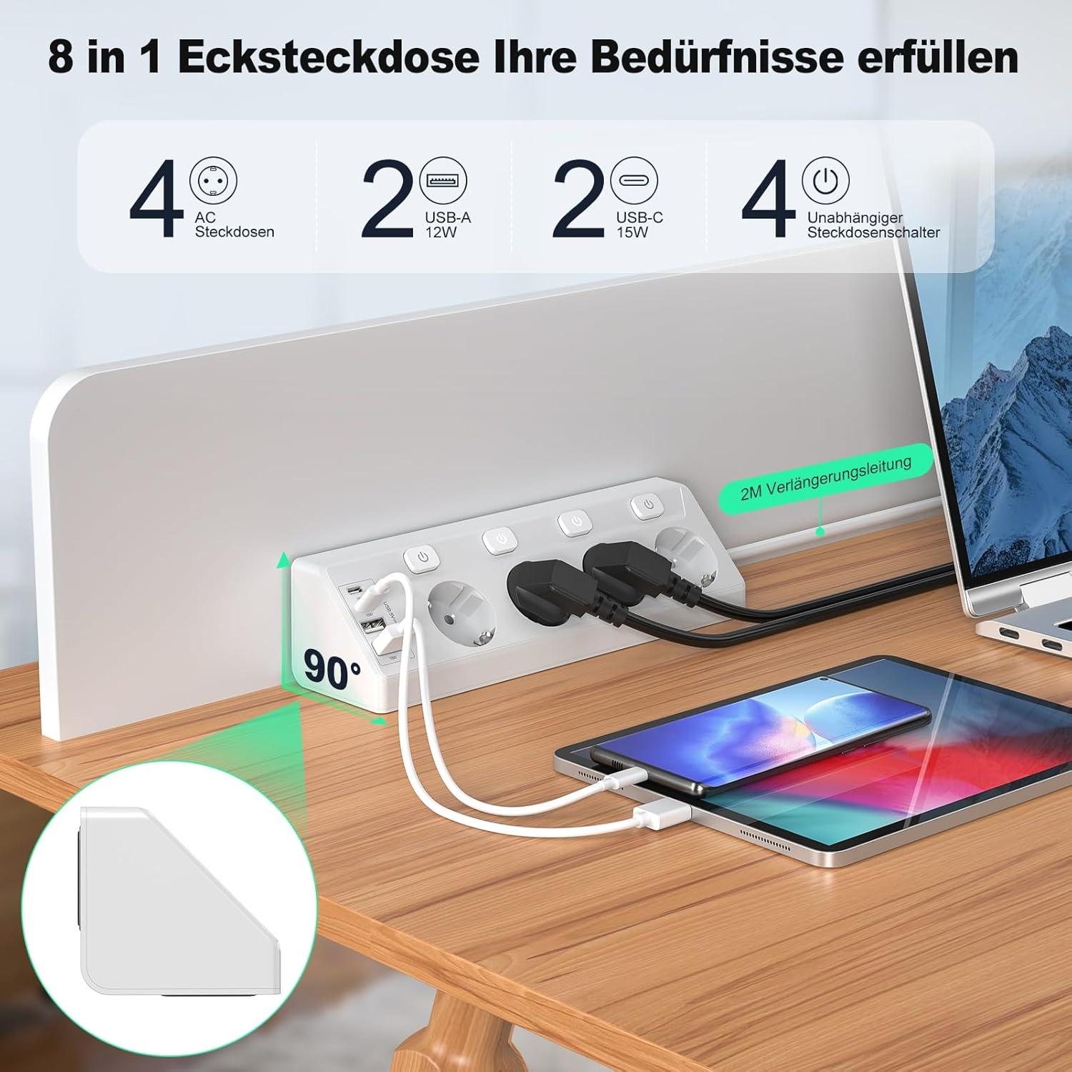 Eine 8-in-1-Ecksteckdose mit 4 Steckdosen, 2 USB-A, 2 USB-C Ports & Schalter.