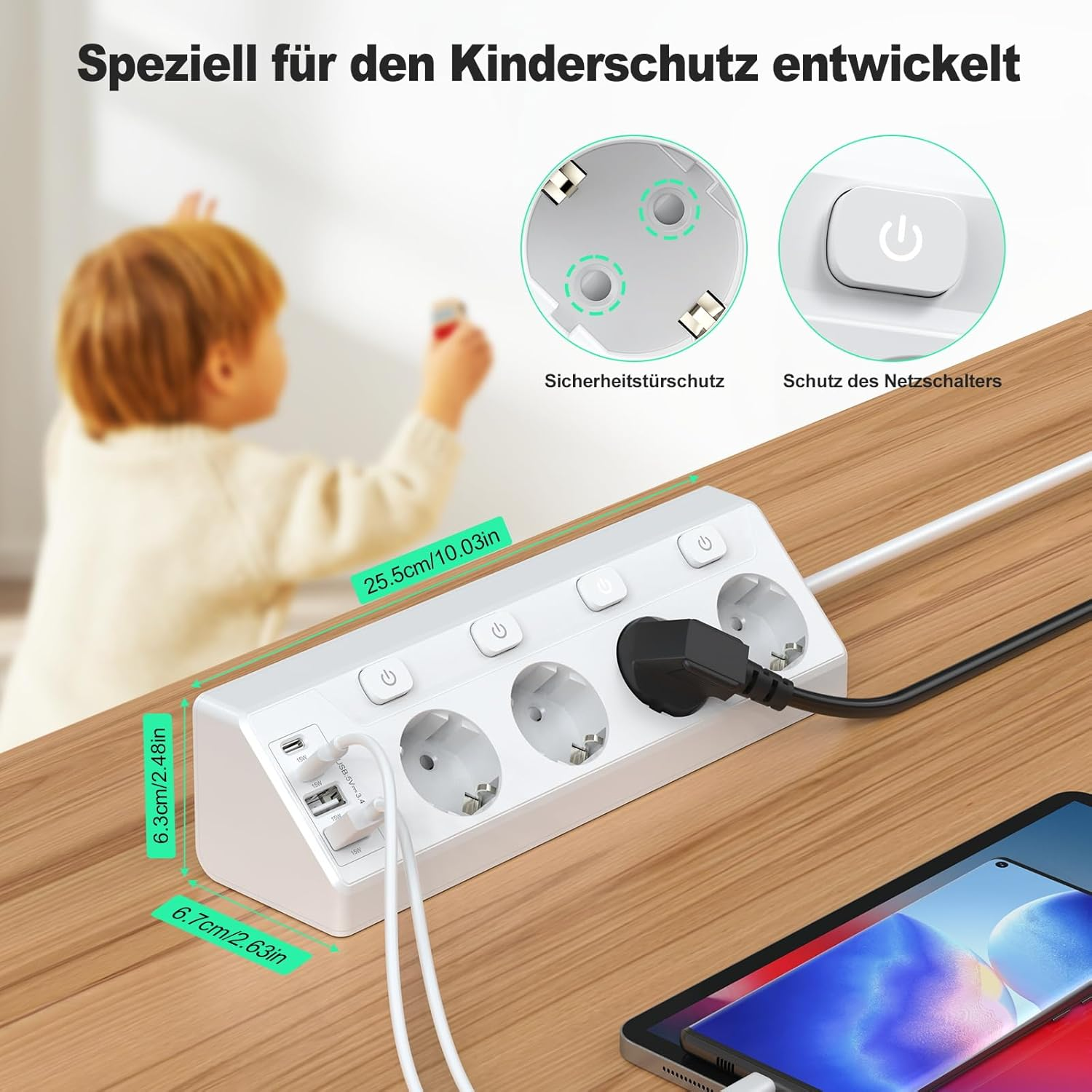 Weiße Steckdosenleiste mit USB-Anschlüssen, Kinderschutz und Schalter.