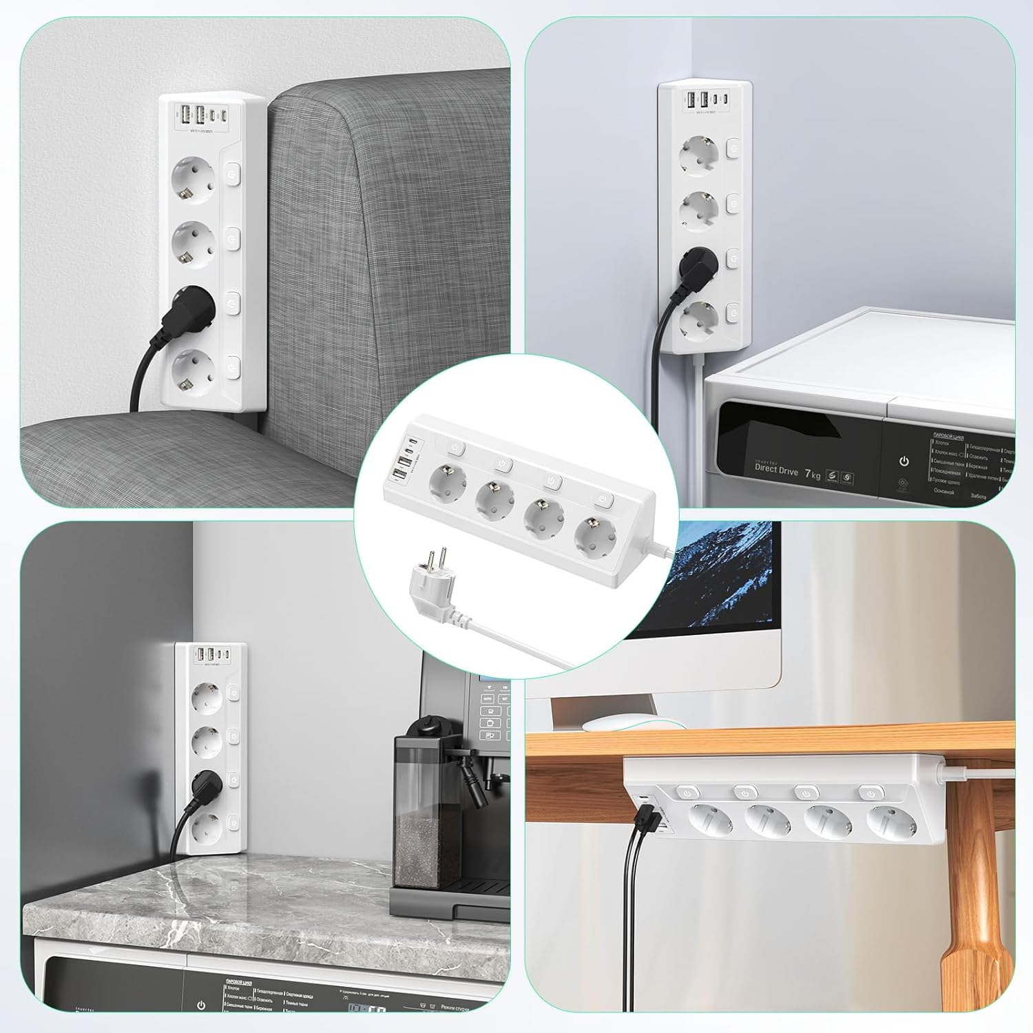 Eine weiße Steckdosenleiste mit USB-Anschlüssen ist an einer Wand und einem Bett befestigt.