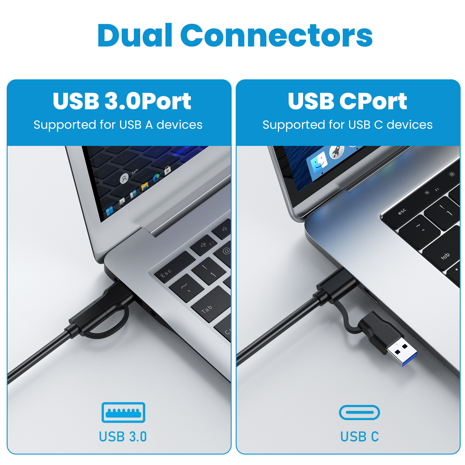 Laptops mit USB 3.0 und USB-C-Anschlüssen, die Kabel zeigen.