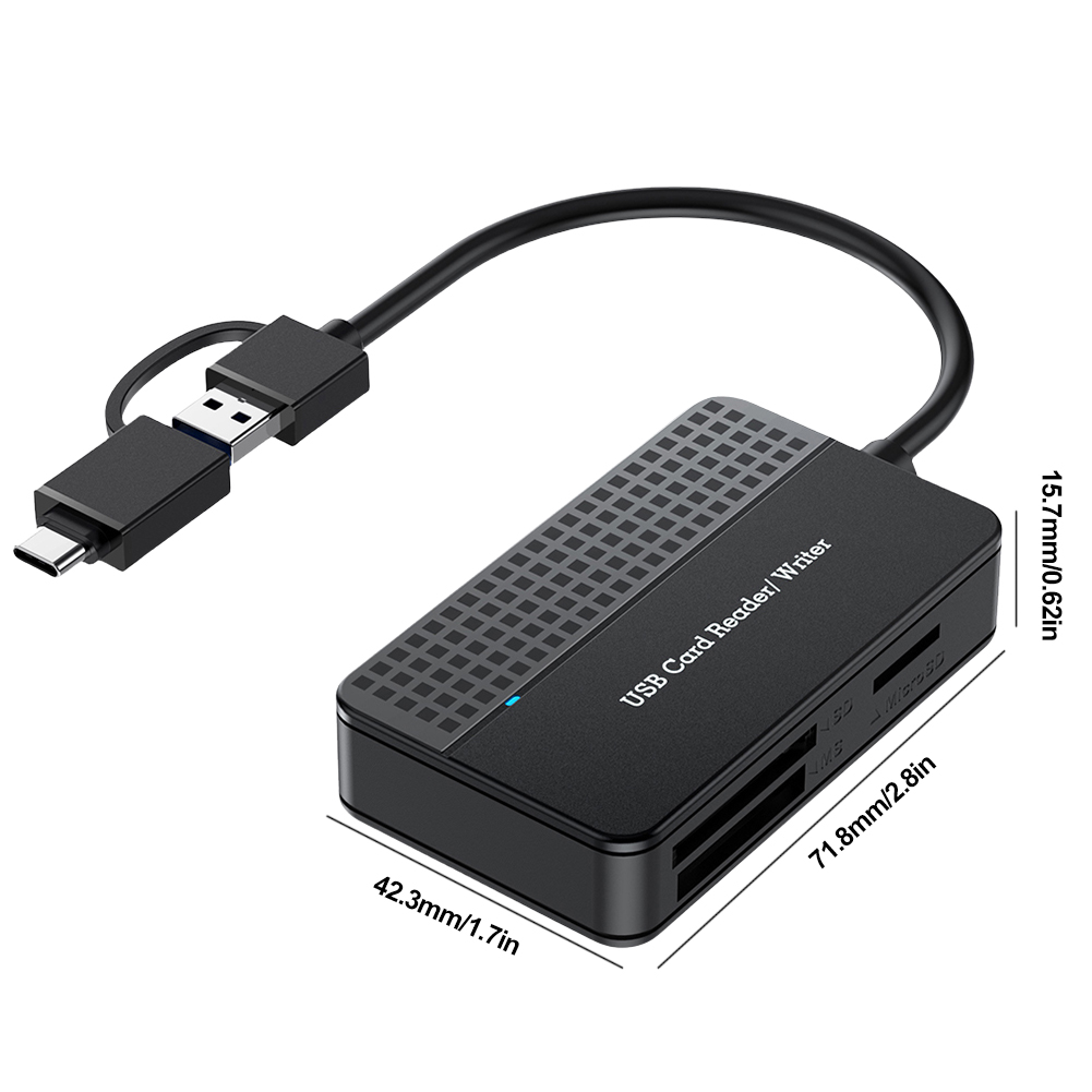 Schwarzer USB-Kartenleser mit SD-, MS- und MicroSD-Steckplätzen.