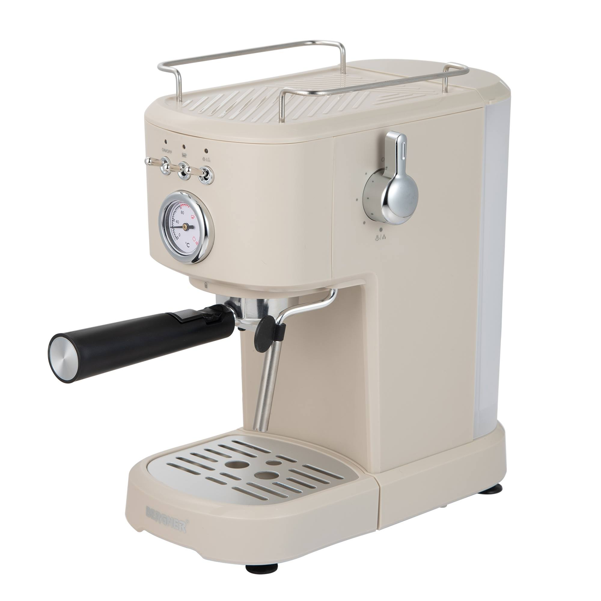 Cafetera espresso beige con mango negro y dial plateado.
