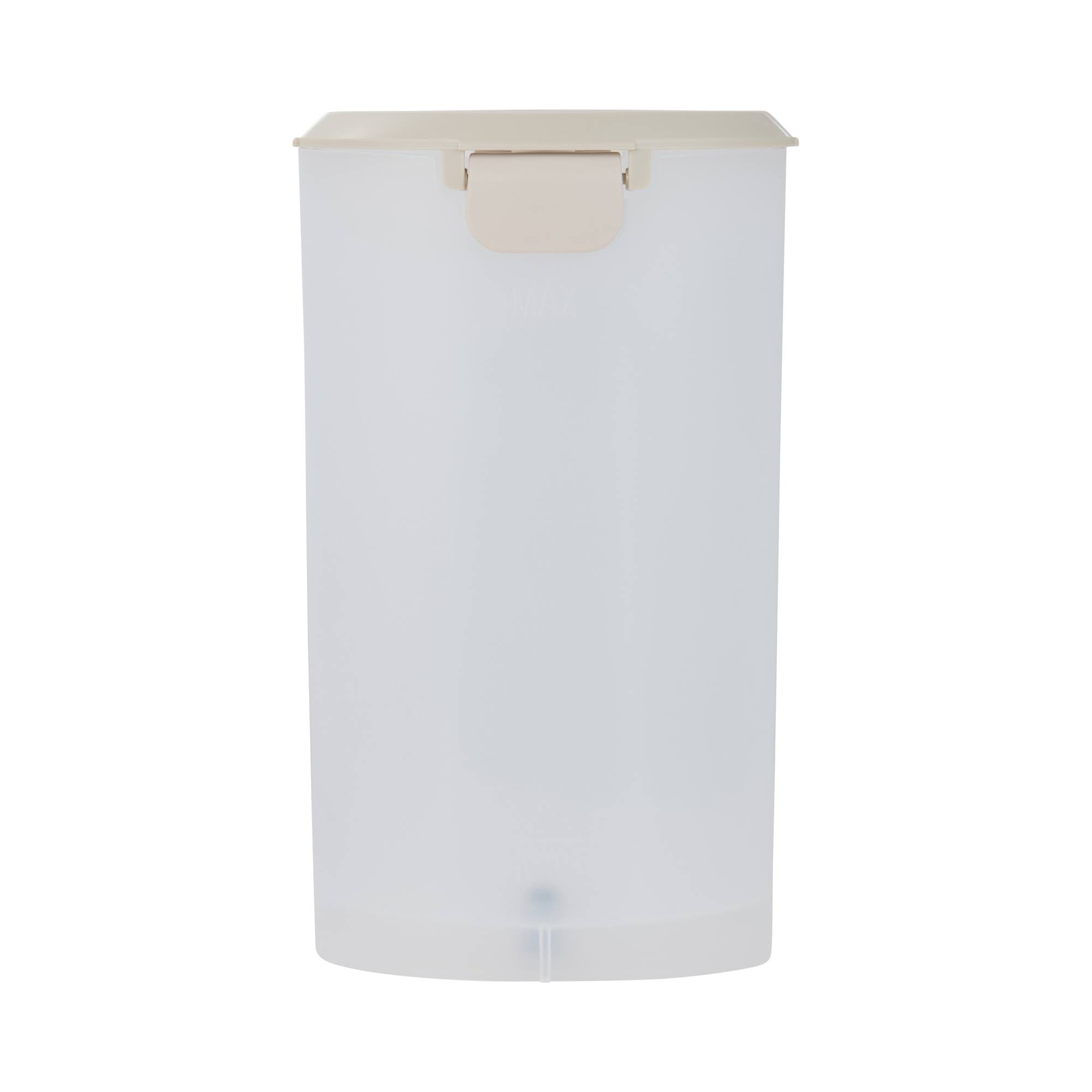 Un recipiente blanco alto con tapa y asa beige.