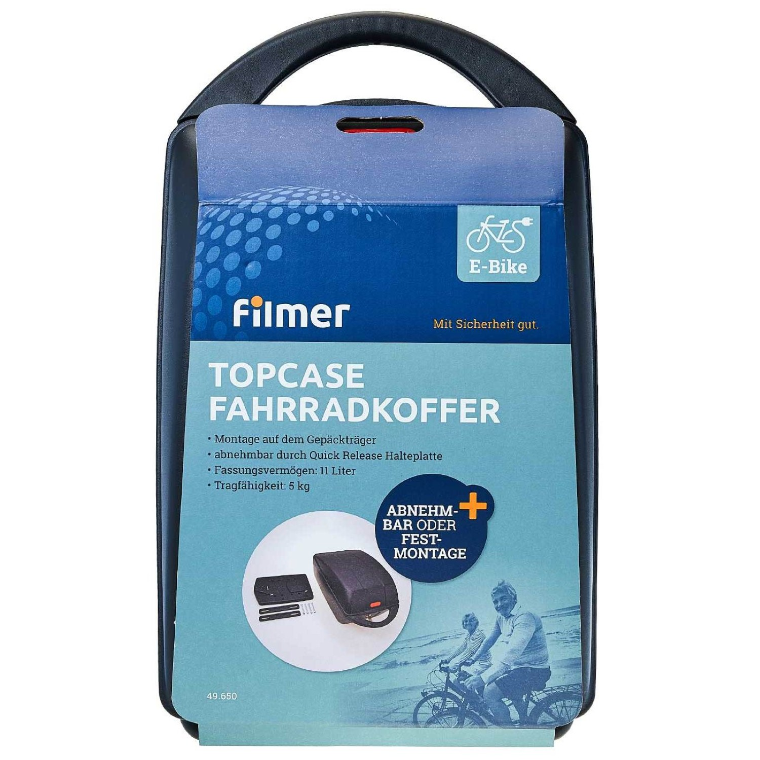Filmer E-Bike Topcase Fahrradkoffer mit Montagezubehör und Bild von Radfahrern.