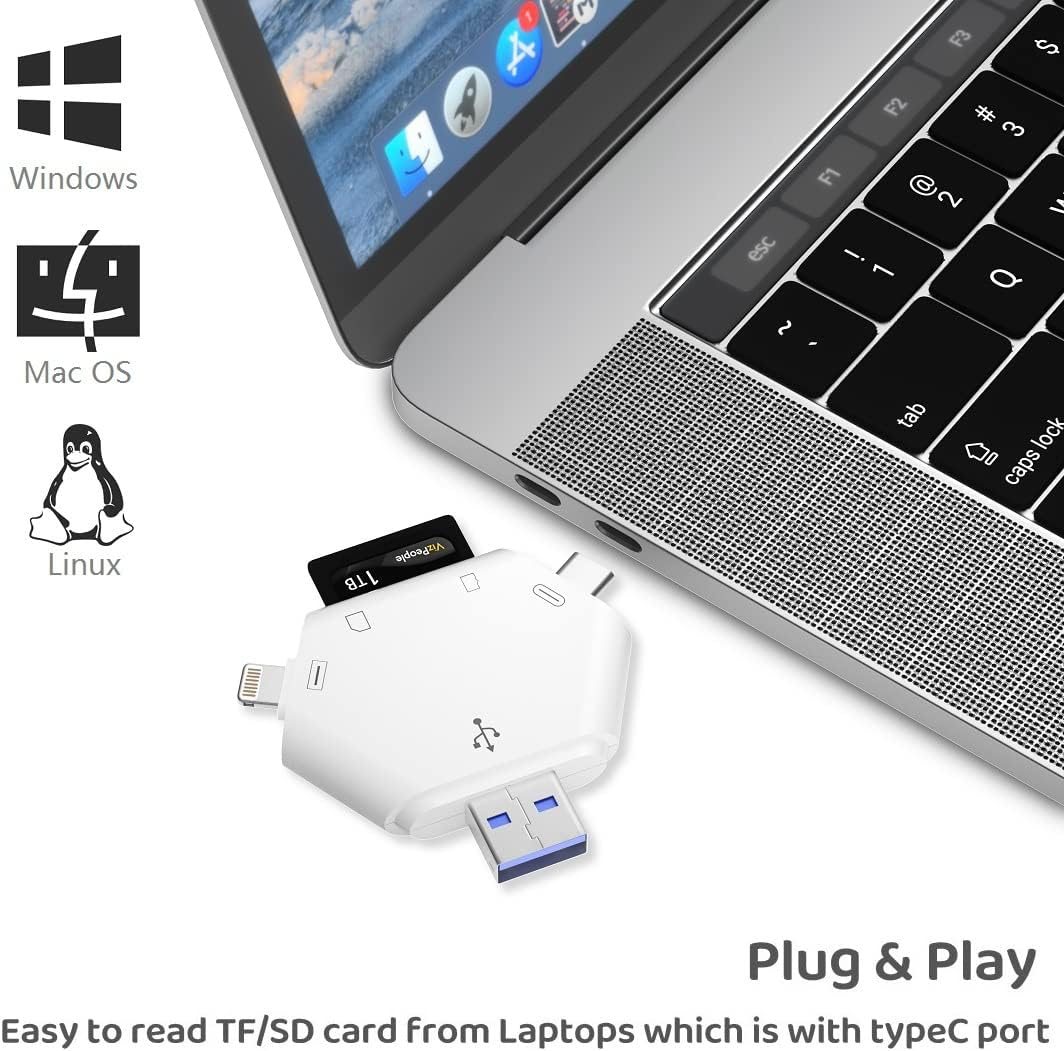 Ein weißer Kartenleser mit TF/SD-Karte ist mit einem Laptop verbunden.